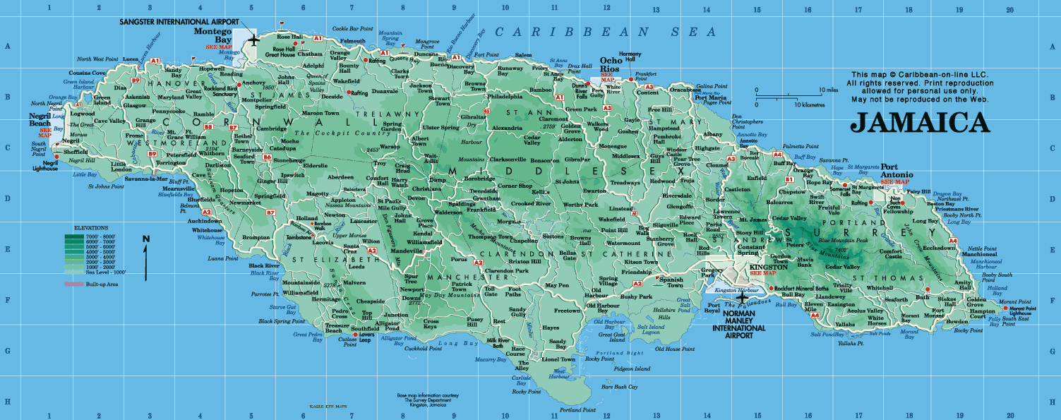 Physical Map of Jamaica