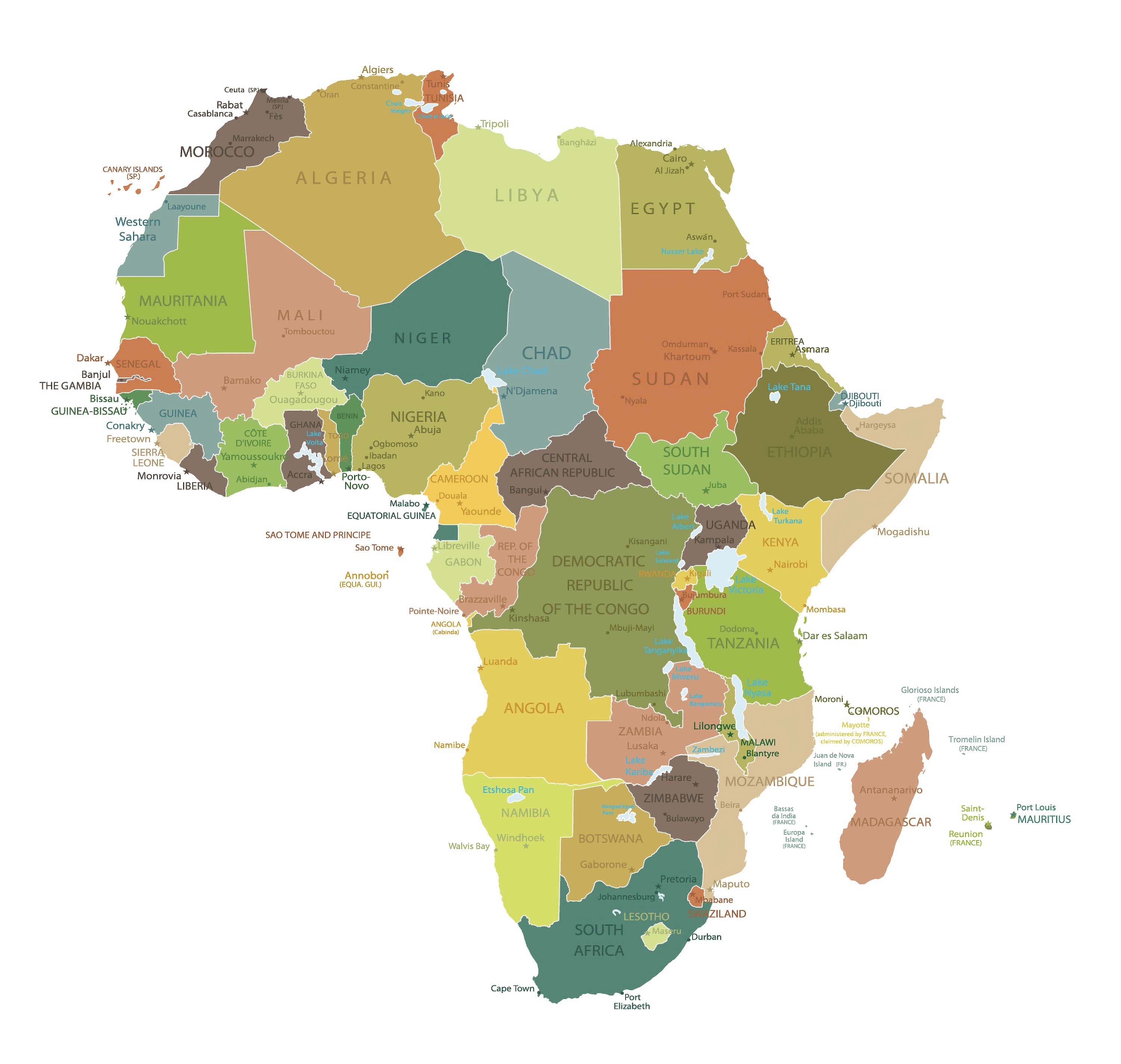 Countries, Capitals and Major Cities of the Africa Map