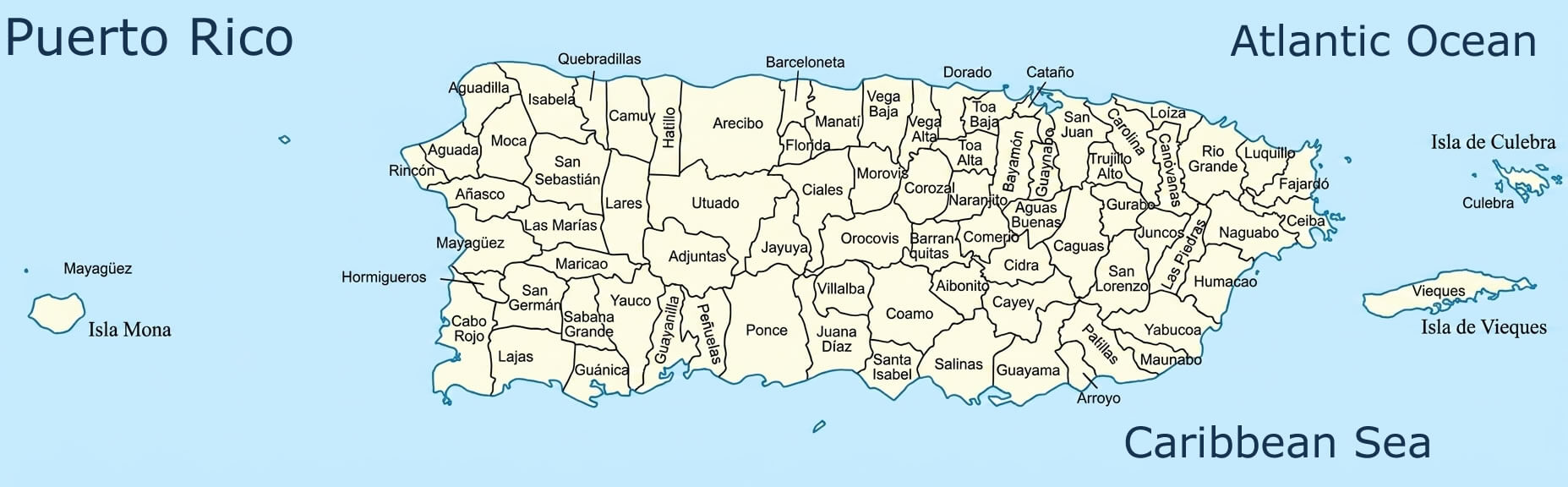 Puerto Rico administrative map municipalities labeled