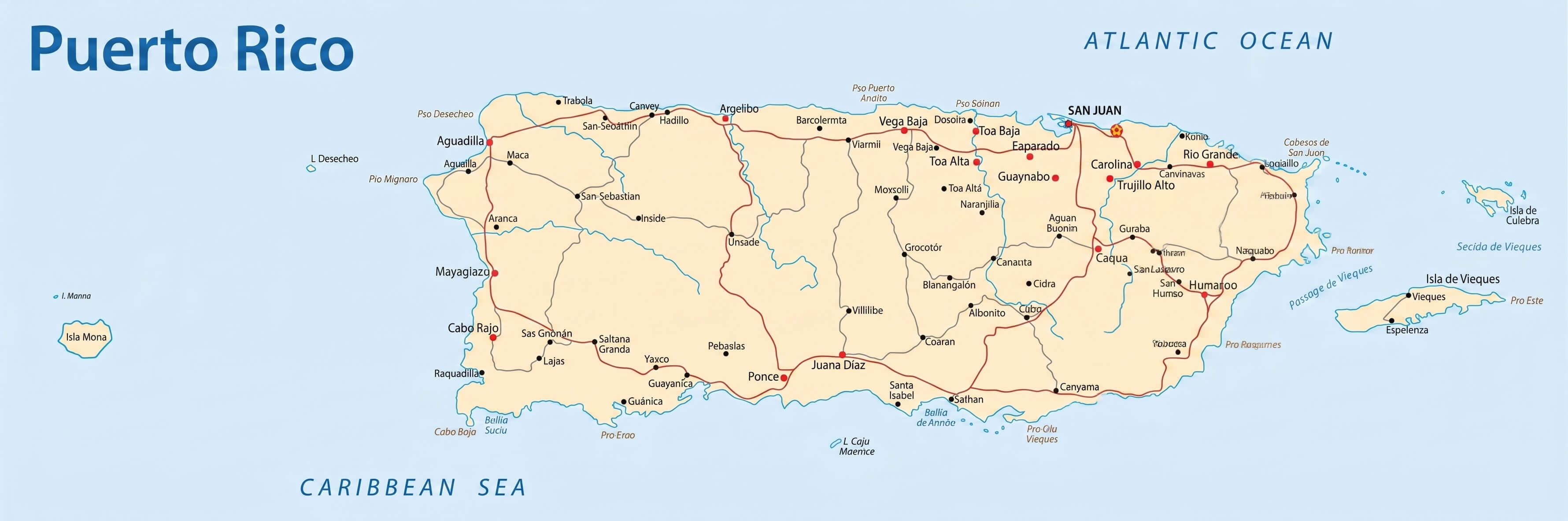 Puerto Rico cities rivers and highways map