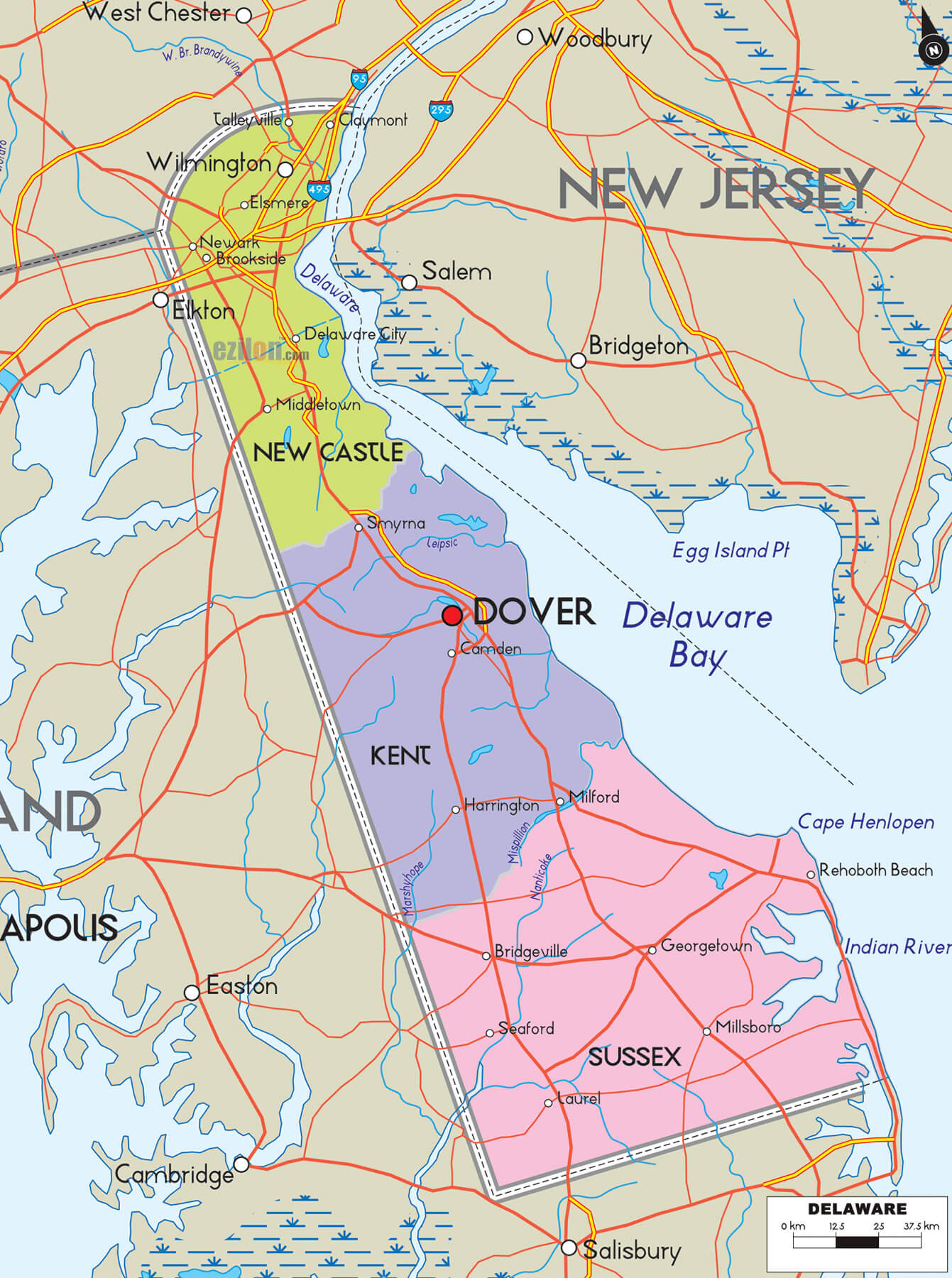 delaware counties road map usa