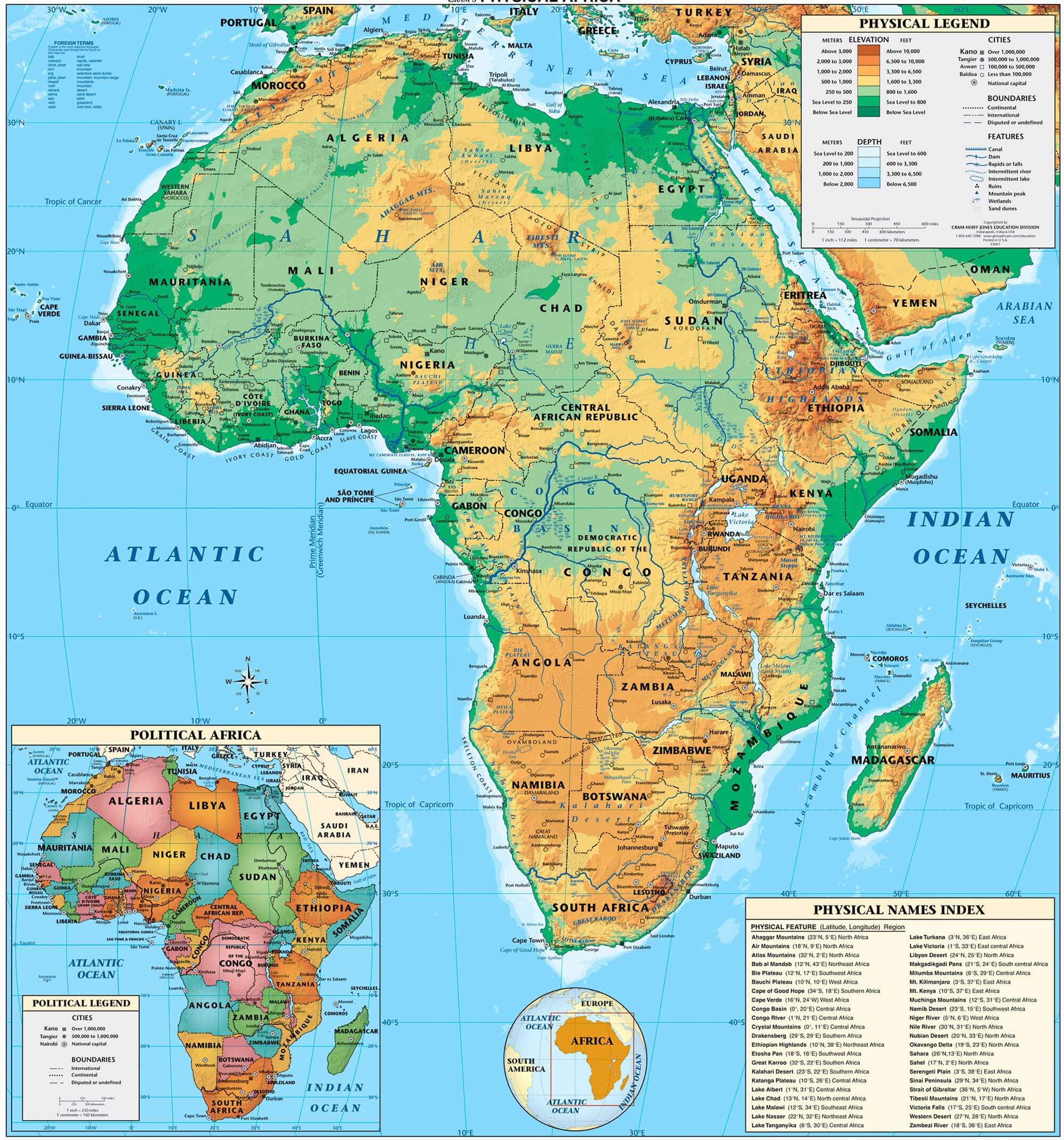 Africa physical map countries