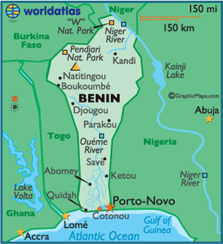 Map of Benin showing cities, rivers, and neighboring countries.