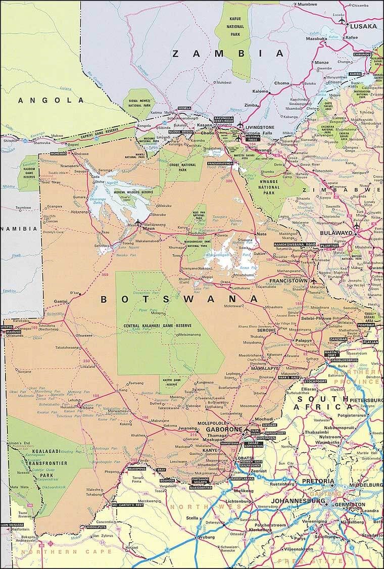 Detailed Botswana map with national parks, cities, and neighboring countries.