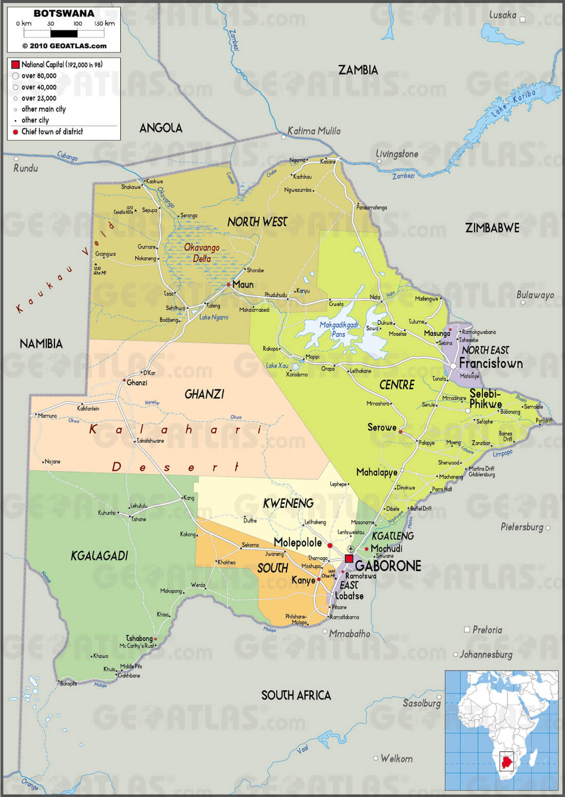 Botswana map with districts, major cities, and natural landmarks.
