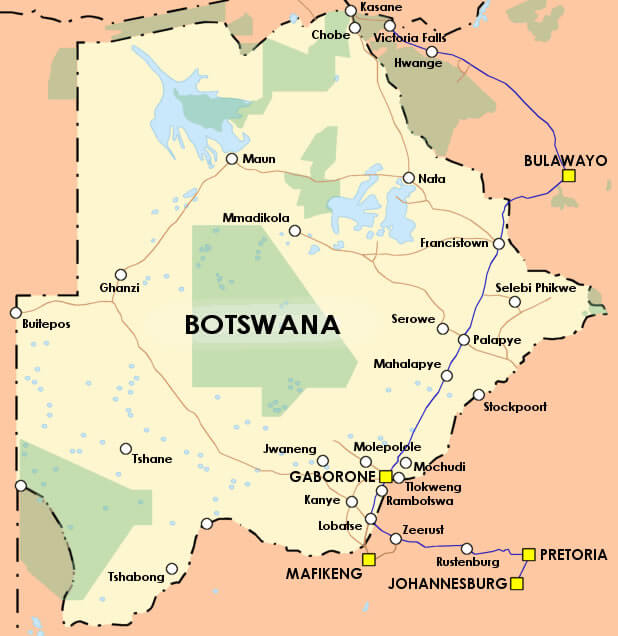 Botswana map showing cities, landmarks, and bordering countries.