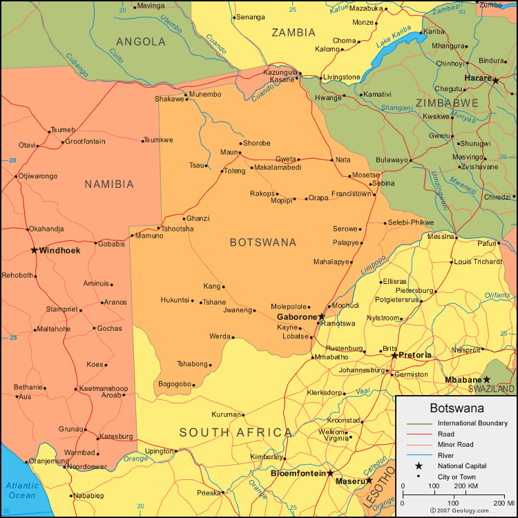 Botswana map with major cities, roads, and neighboring countries.
