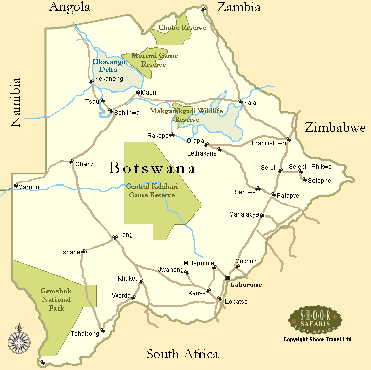 Map of Botswana with national parks, reserves, and cities.