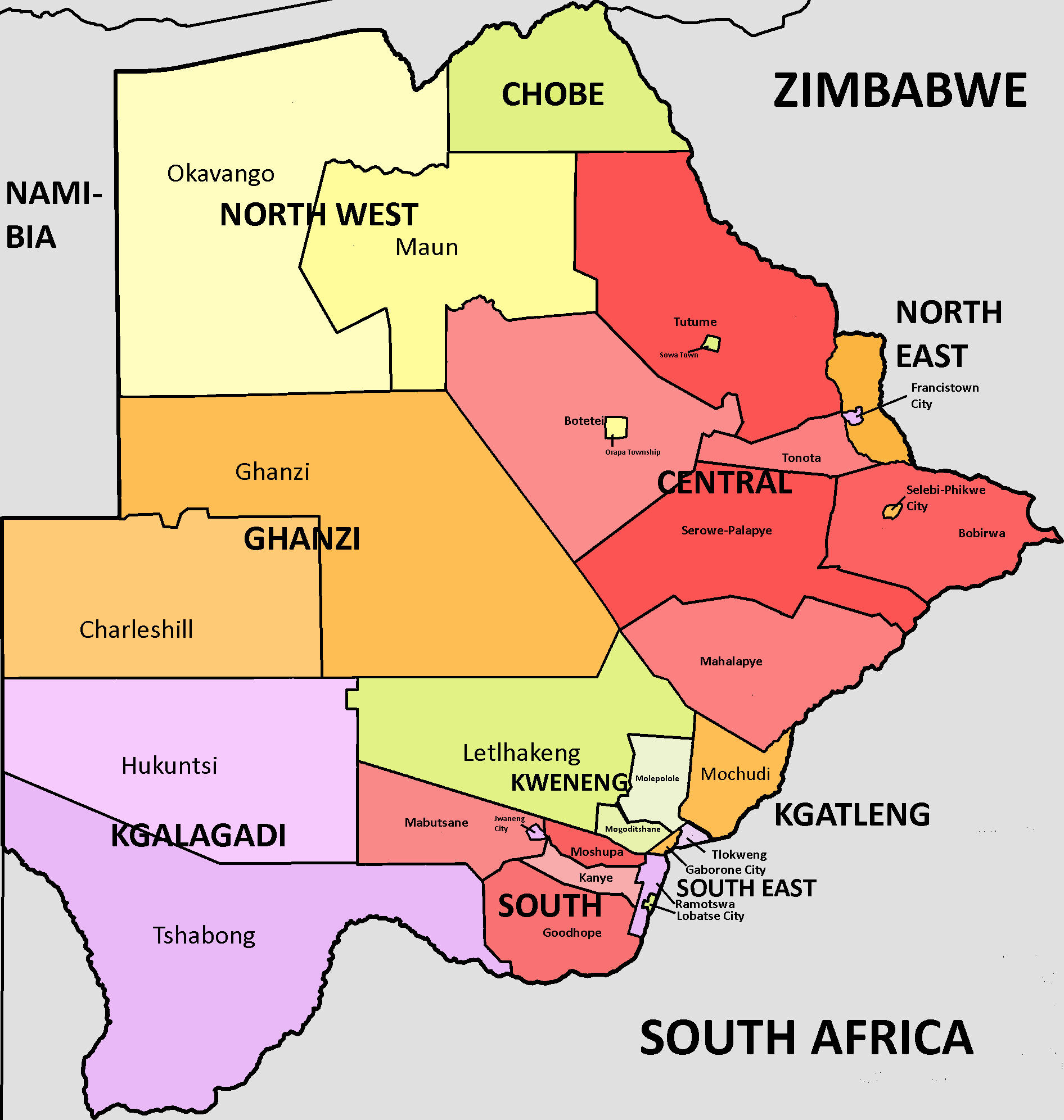 The subdistricts of Botswana map
