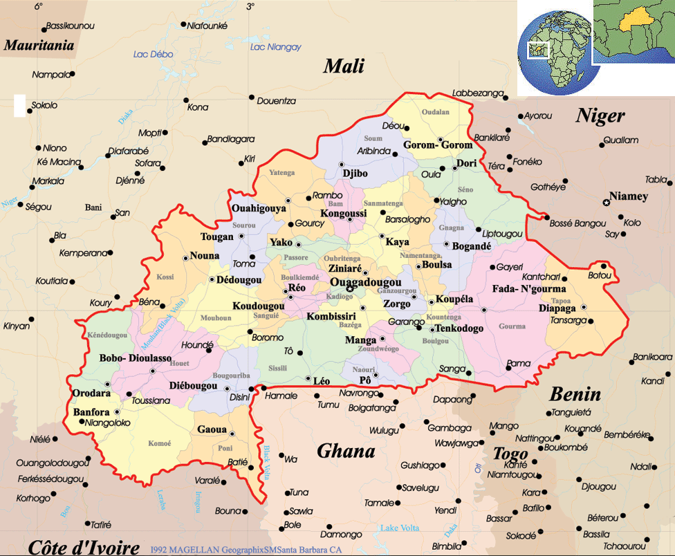 Political map of Burkina Faso with regions, cities, and borders.