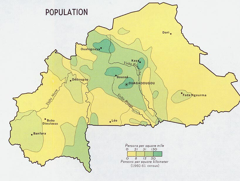 Population density map of Burkina Faso highlighting regions.