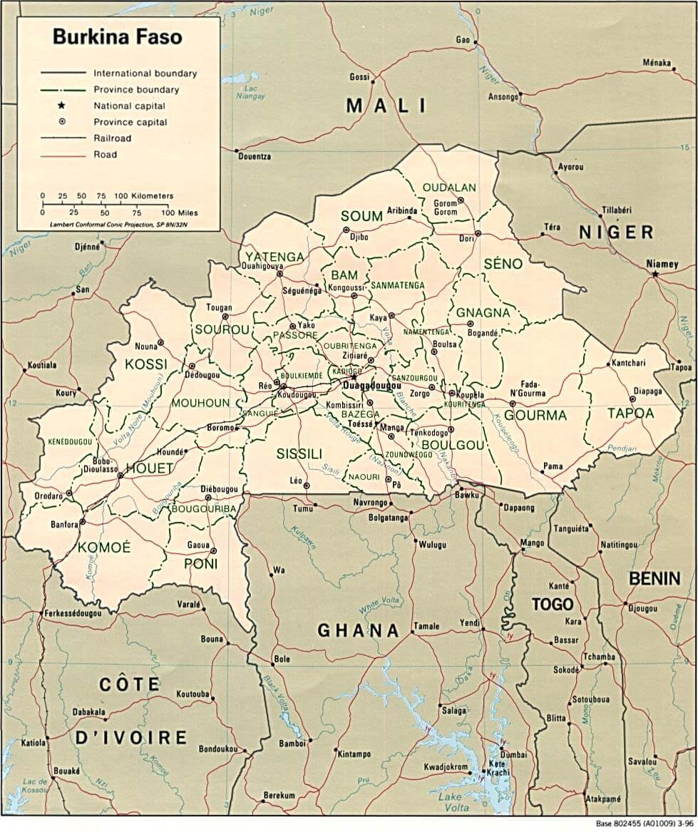 Burkina Faso map with provinces, cities, and international borders.