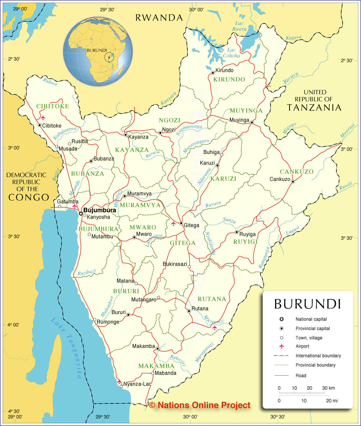 Burundi map with provinces, cities, and borders.