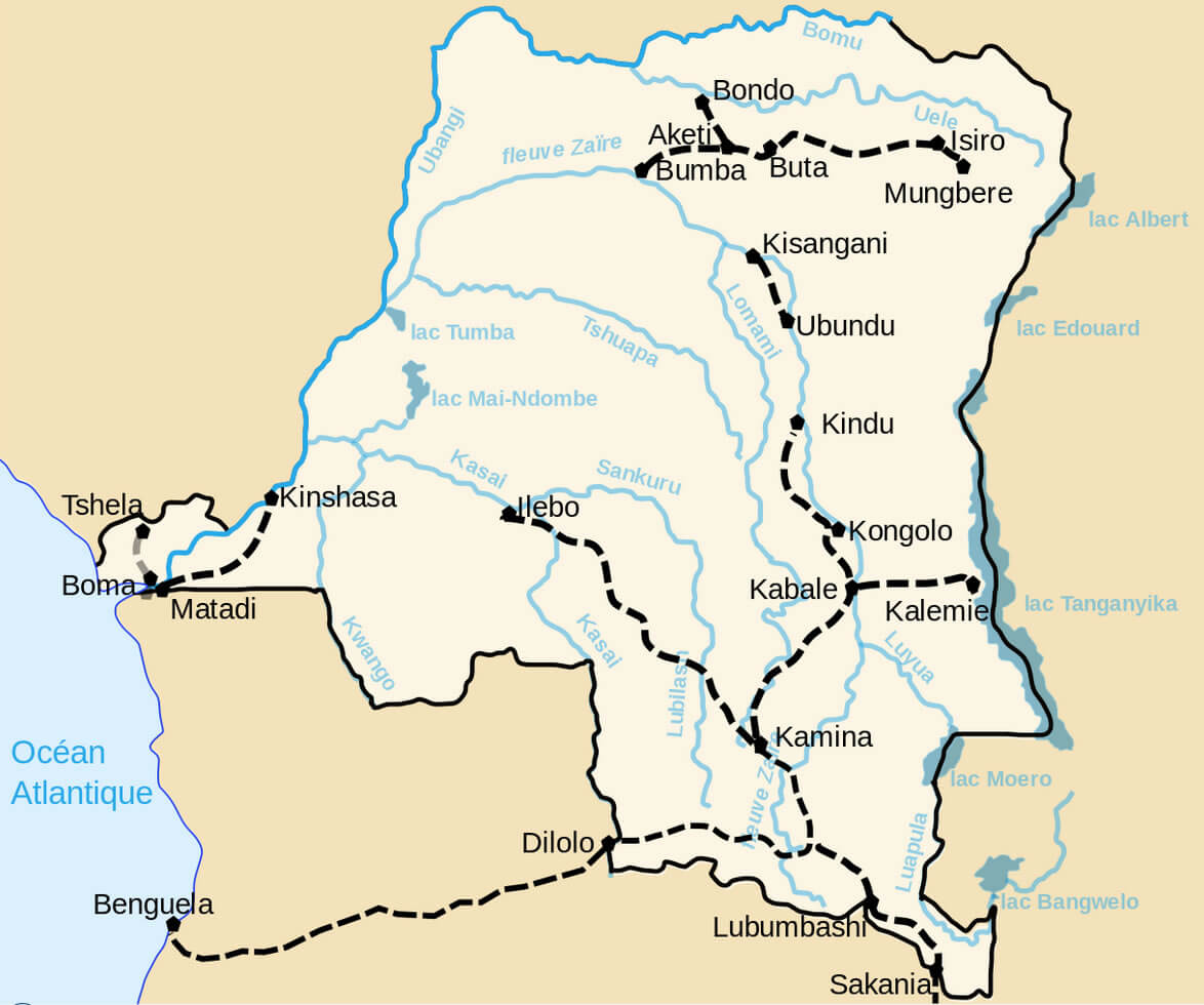 Map showing major rivers, railways, and cities in the DRC.