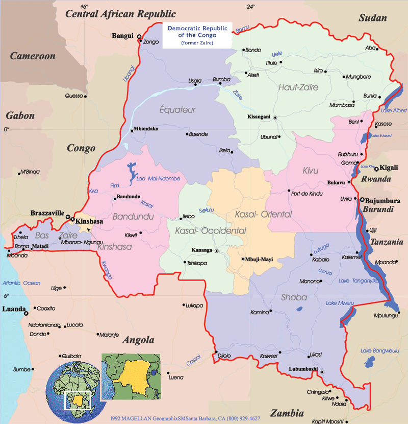 Political map of the Democratic Republic of the Congo showing provinces and neighboring countries.