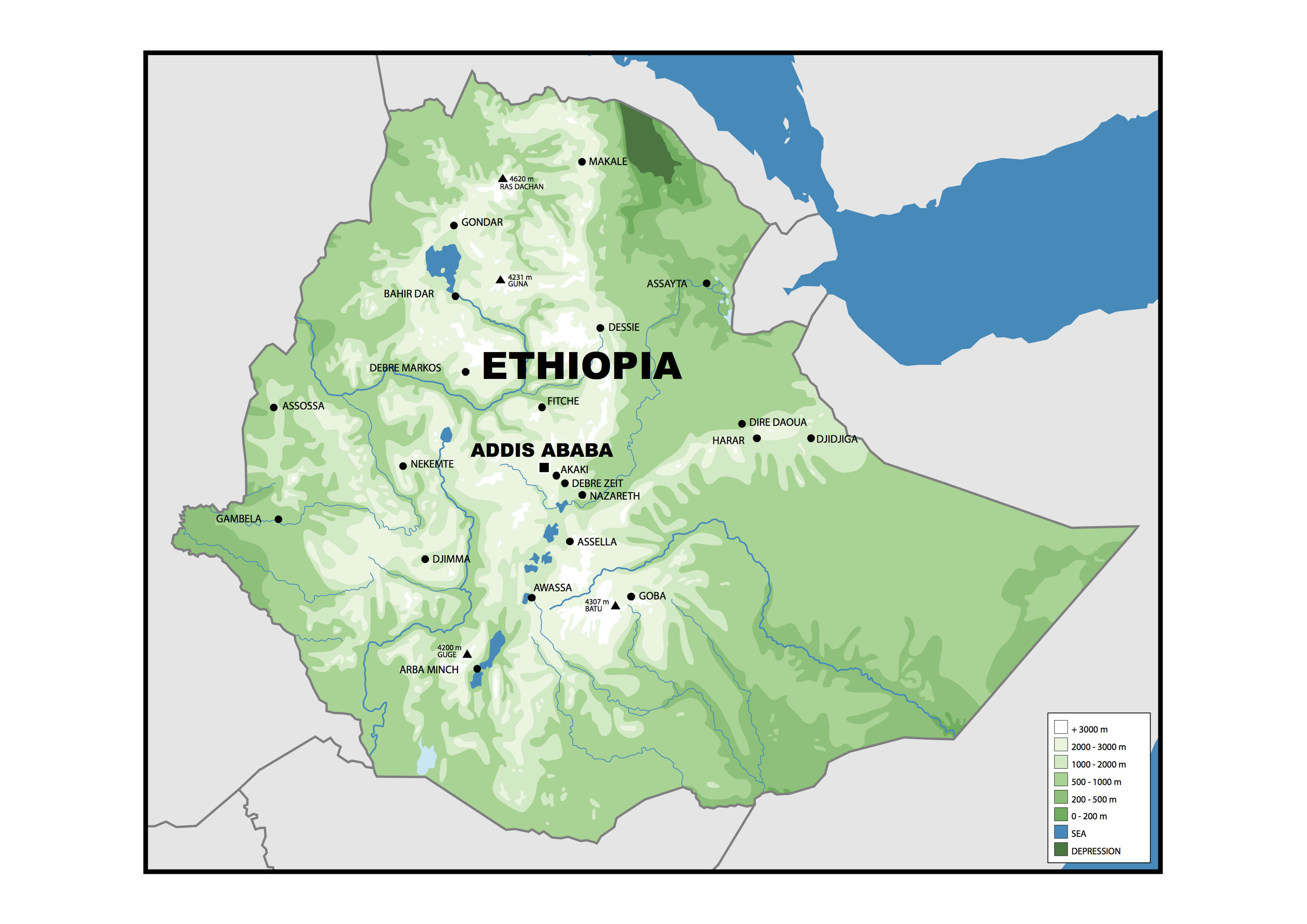 Ethiopia lakes national park and rivers map