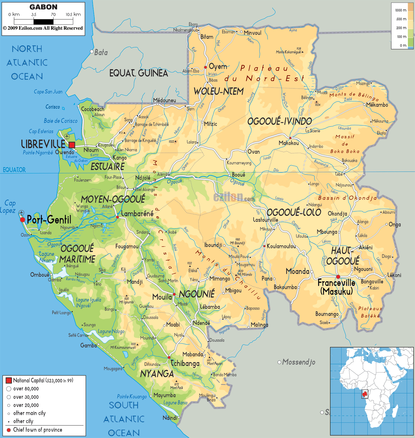 Gabon physical map showing cities, rivers, and geographical features.