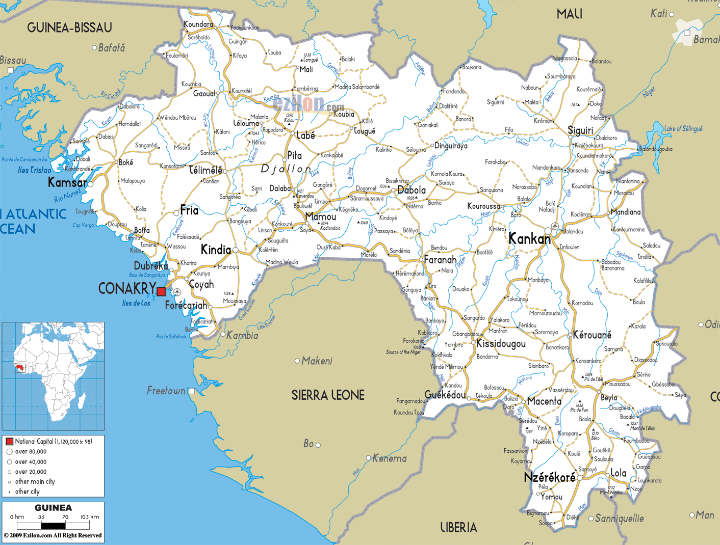 Detailed map of Guinea with cities, roads, and regional divisions.