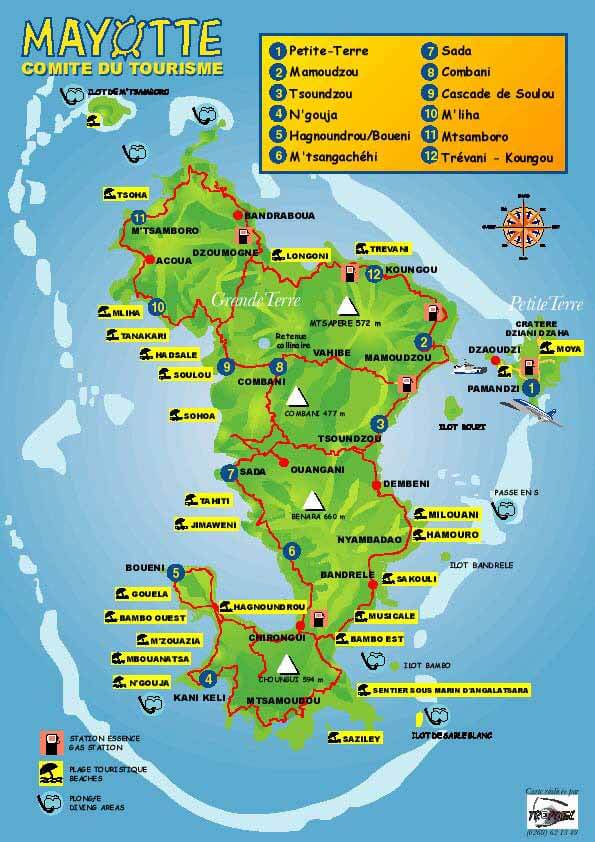 Map of Mayotte showing tourist attractions, beaches, and main towns.