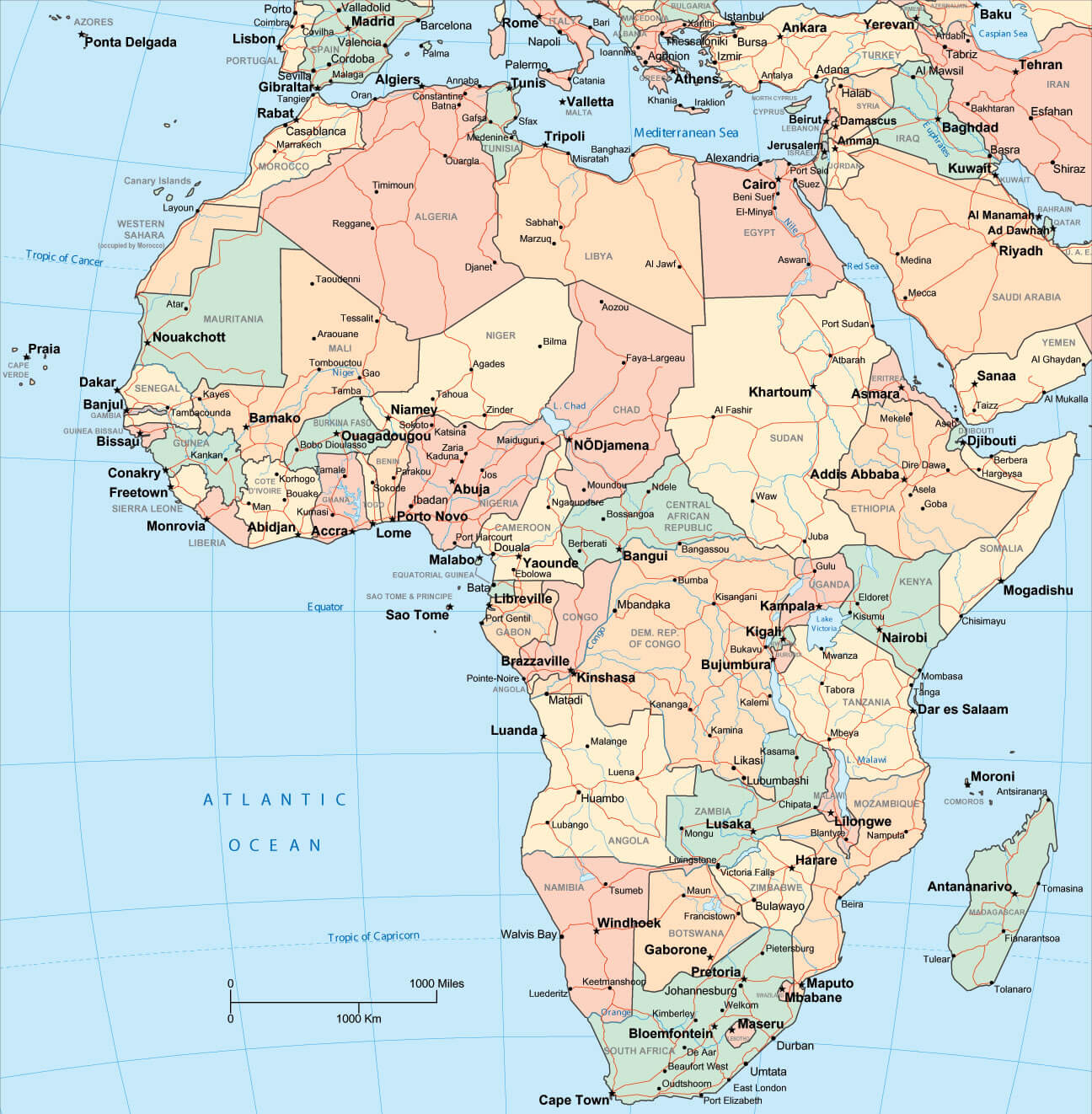 Large Africa political boundaries map
