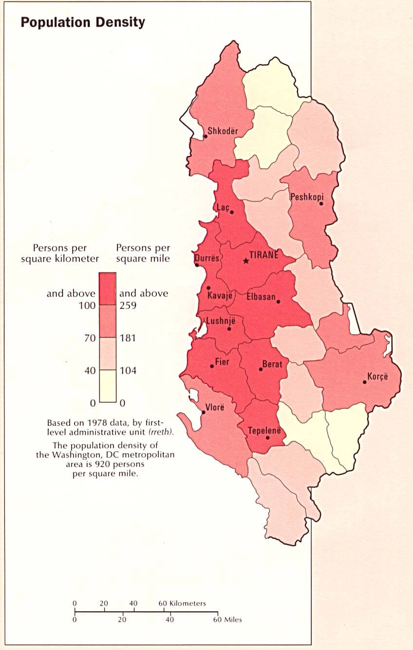 Albania population density map 1990