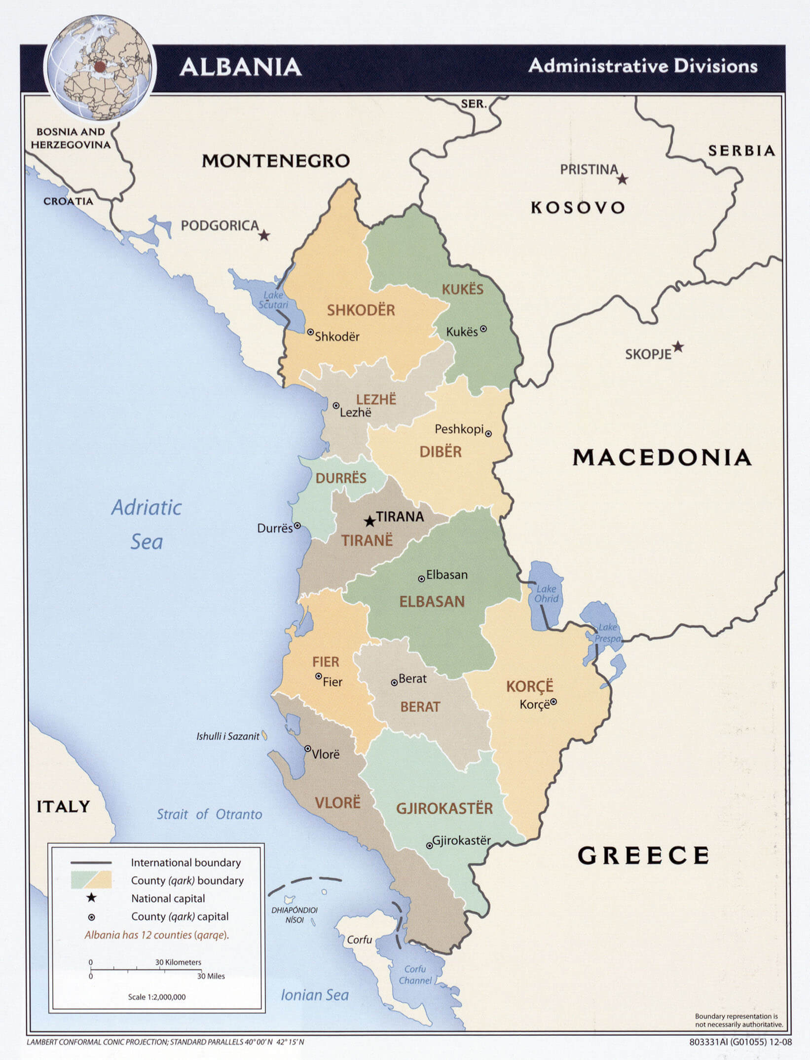 Counties map of Albania 2008