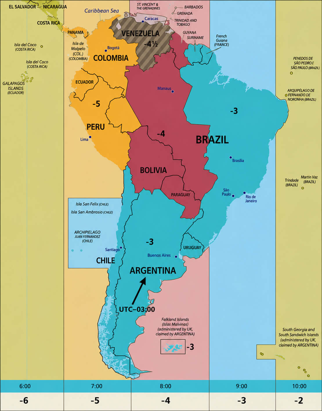 South America standard time zones map