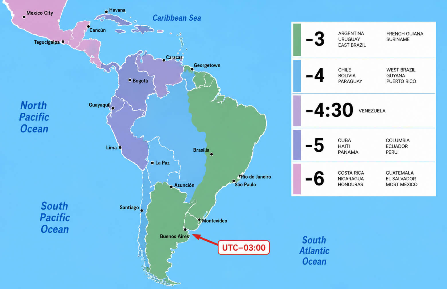 South America time zone map with Argentina
