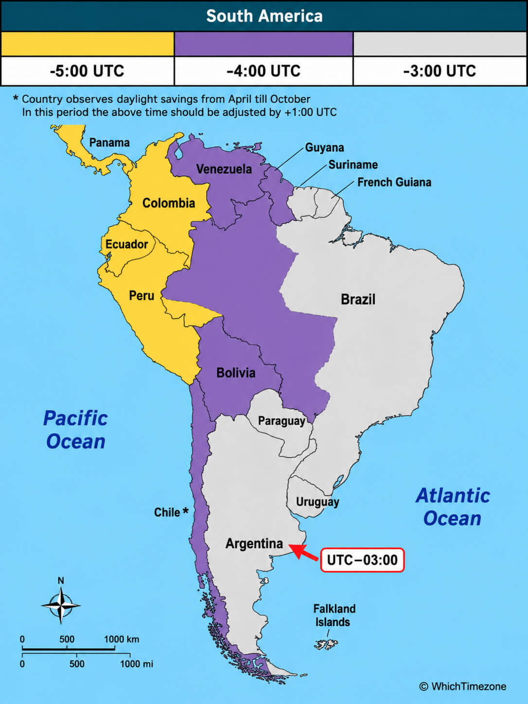 South America UTC -3 map