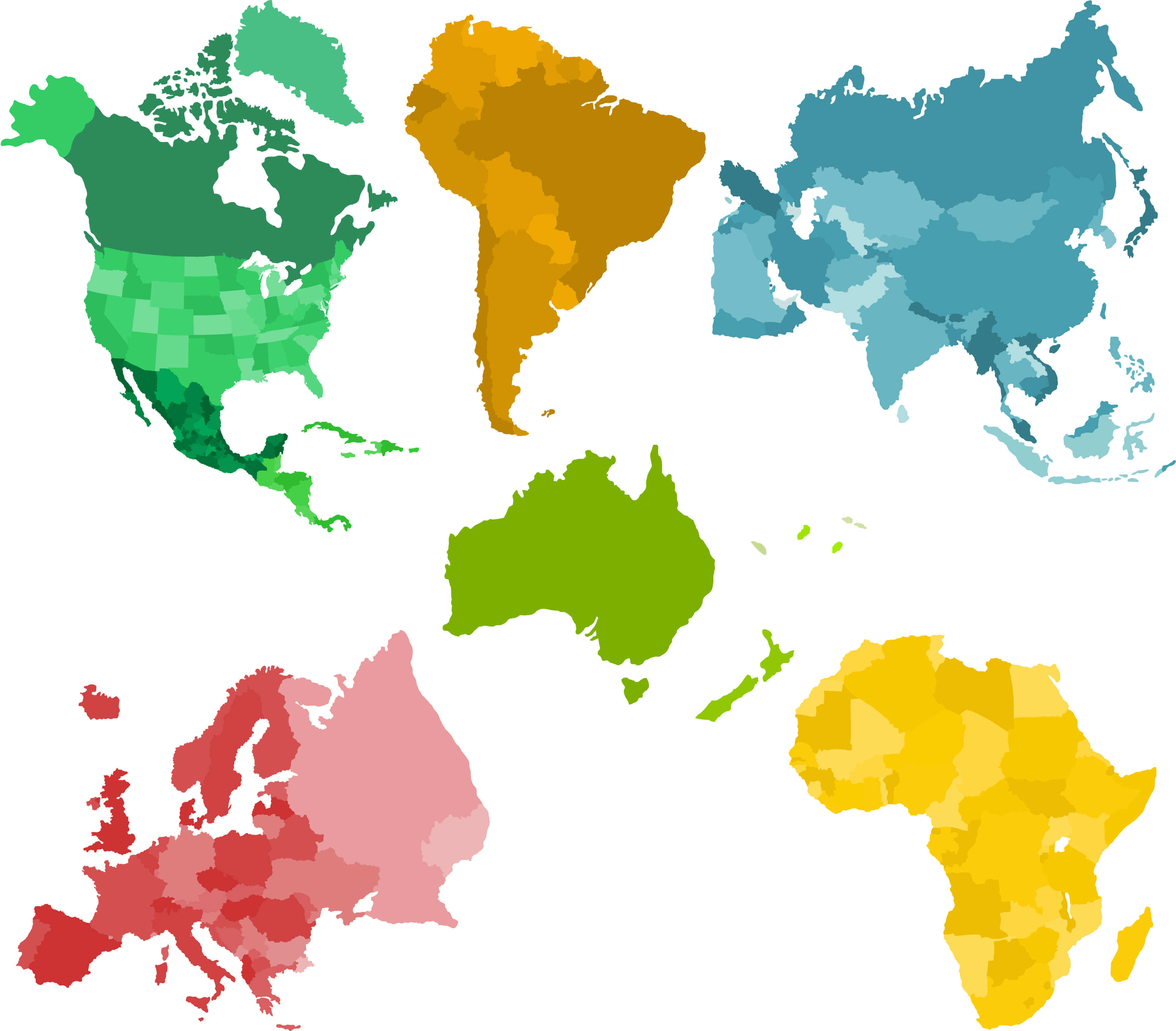 Asia and Set of a Six Silhouettes of a Continents