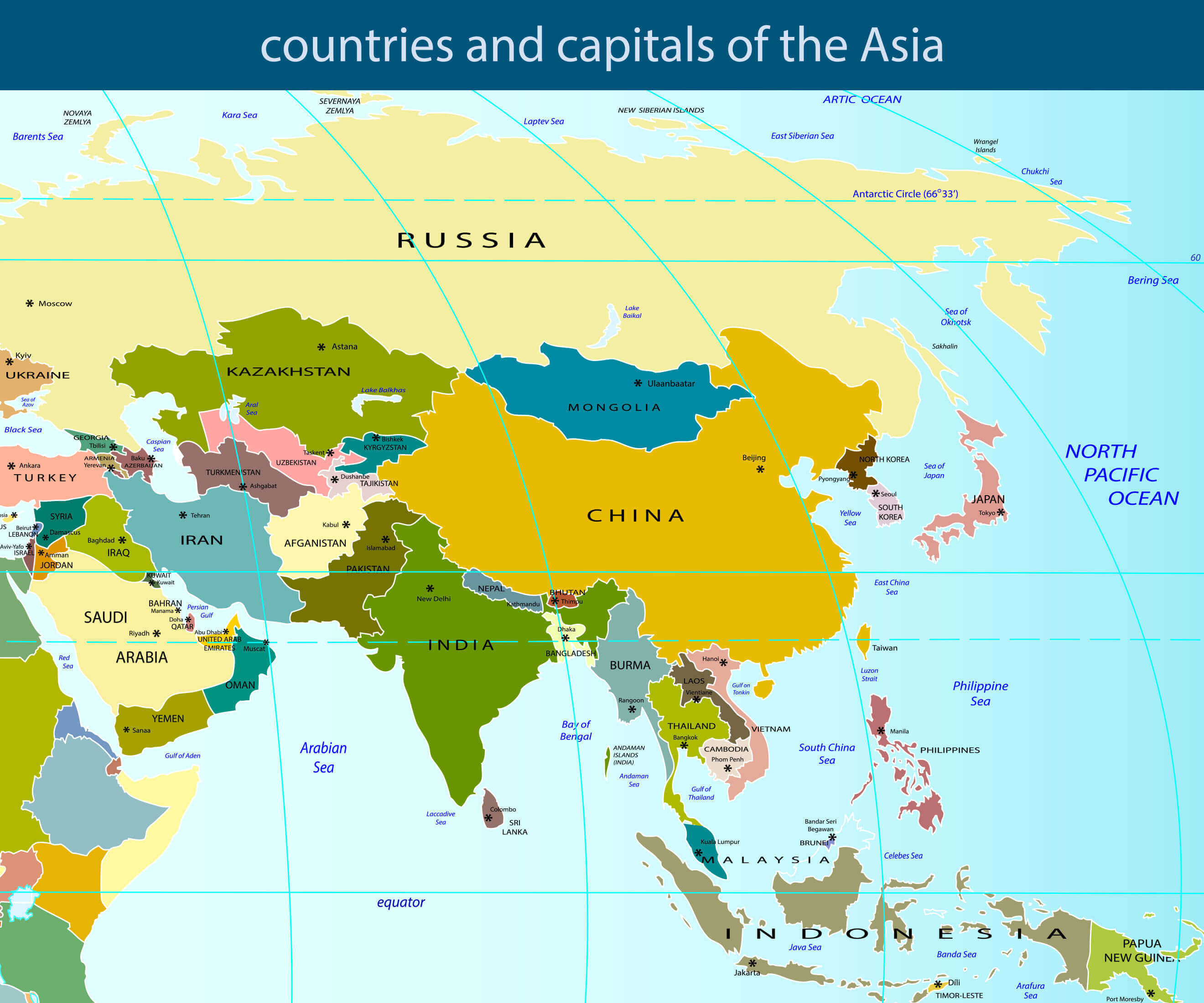 Countries and Capitals of the Asia Vector Map