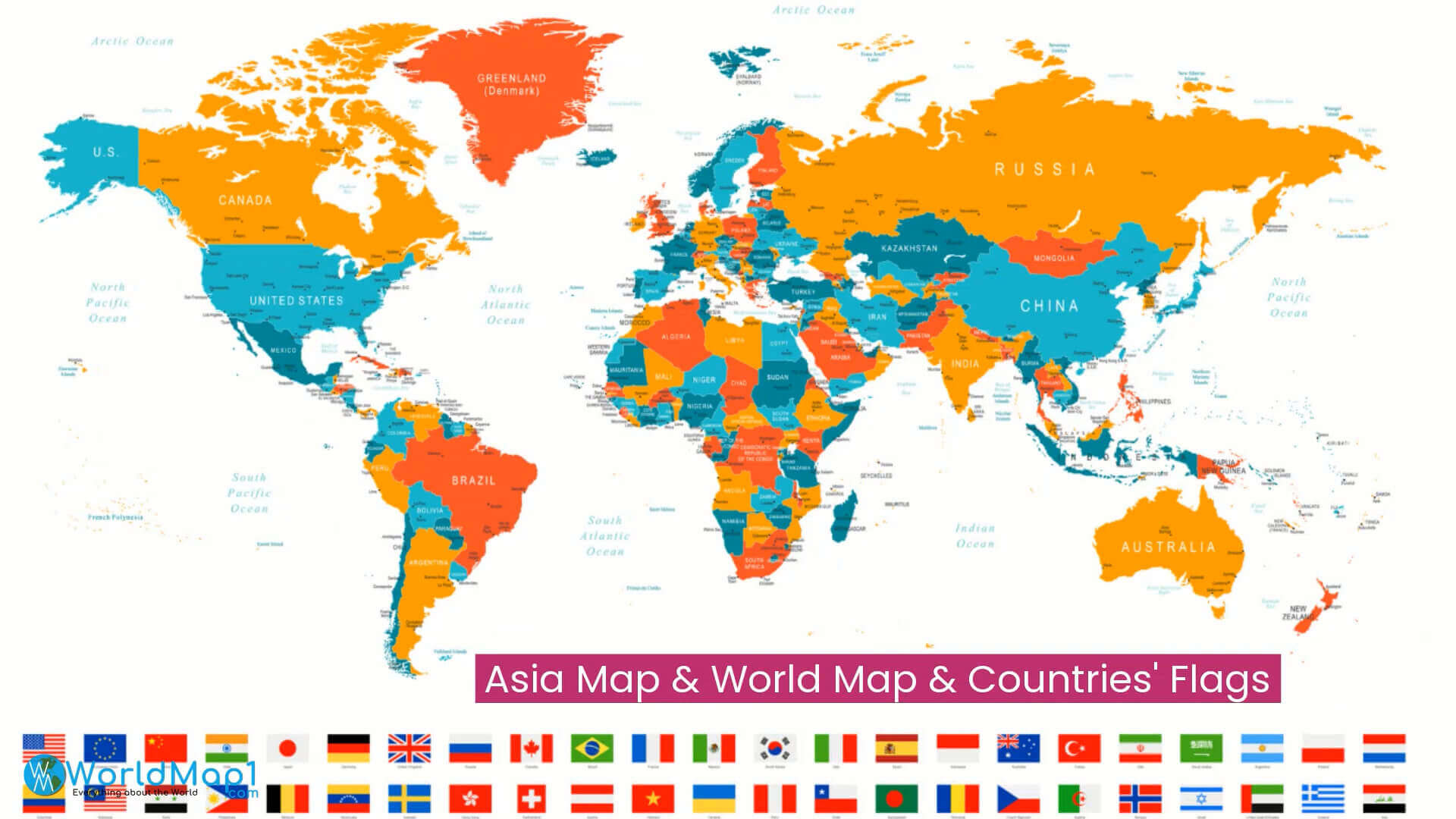 Asia map with World countries flags