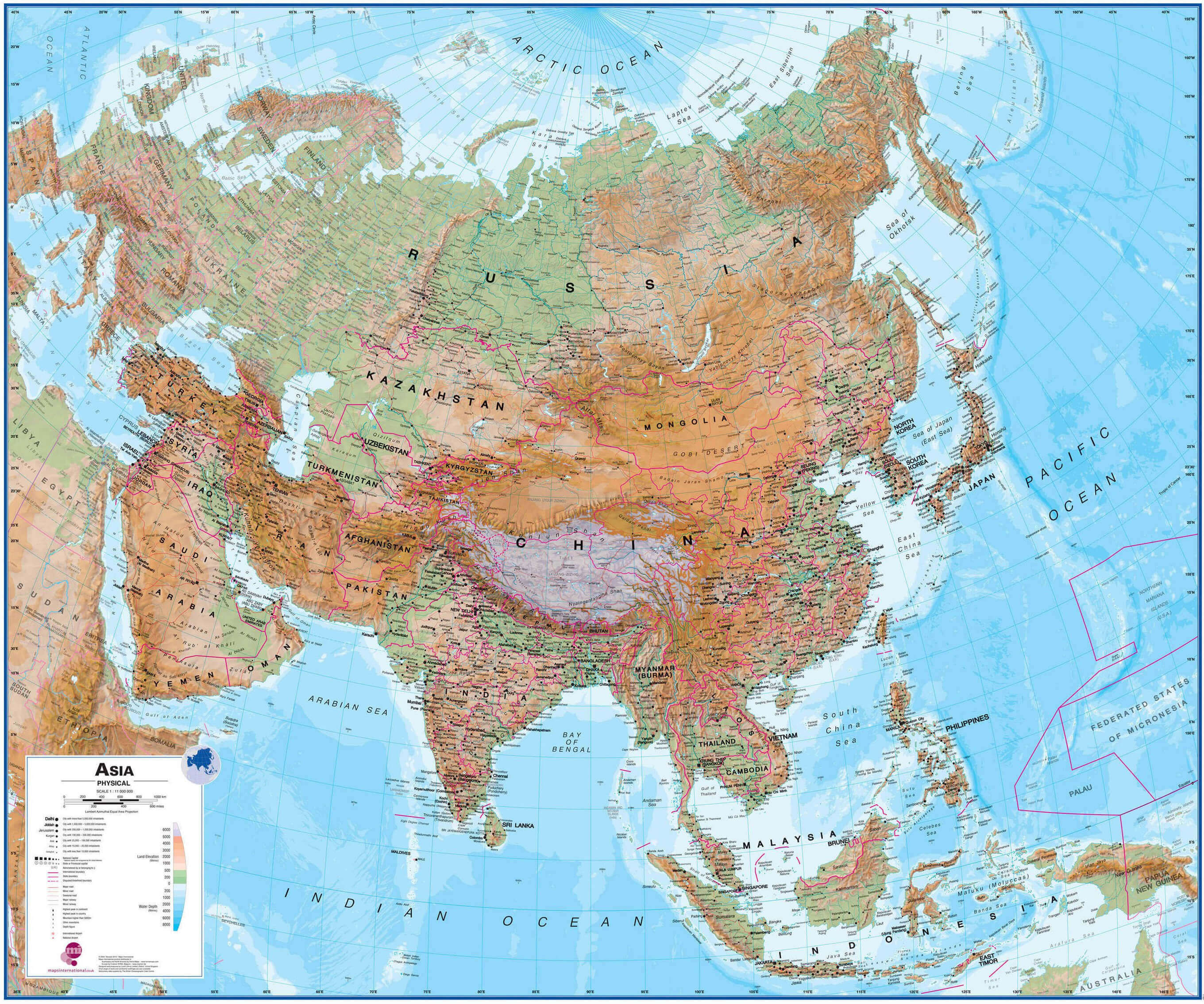 Asia physical wall map