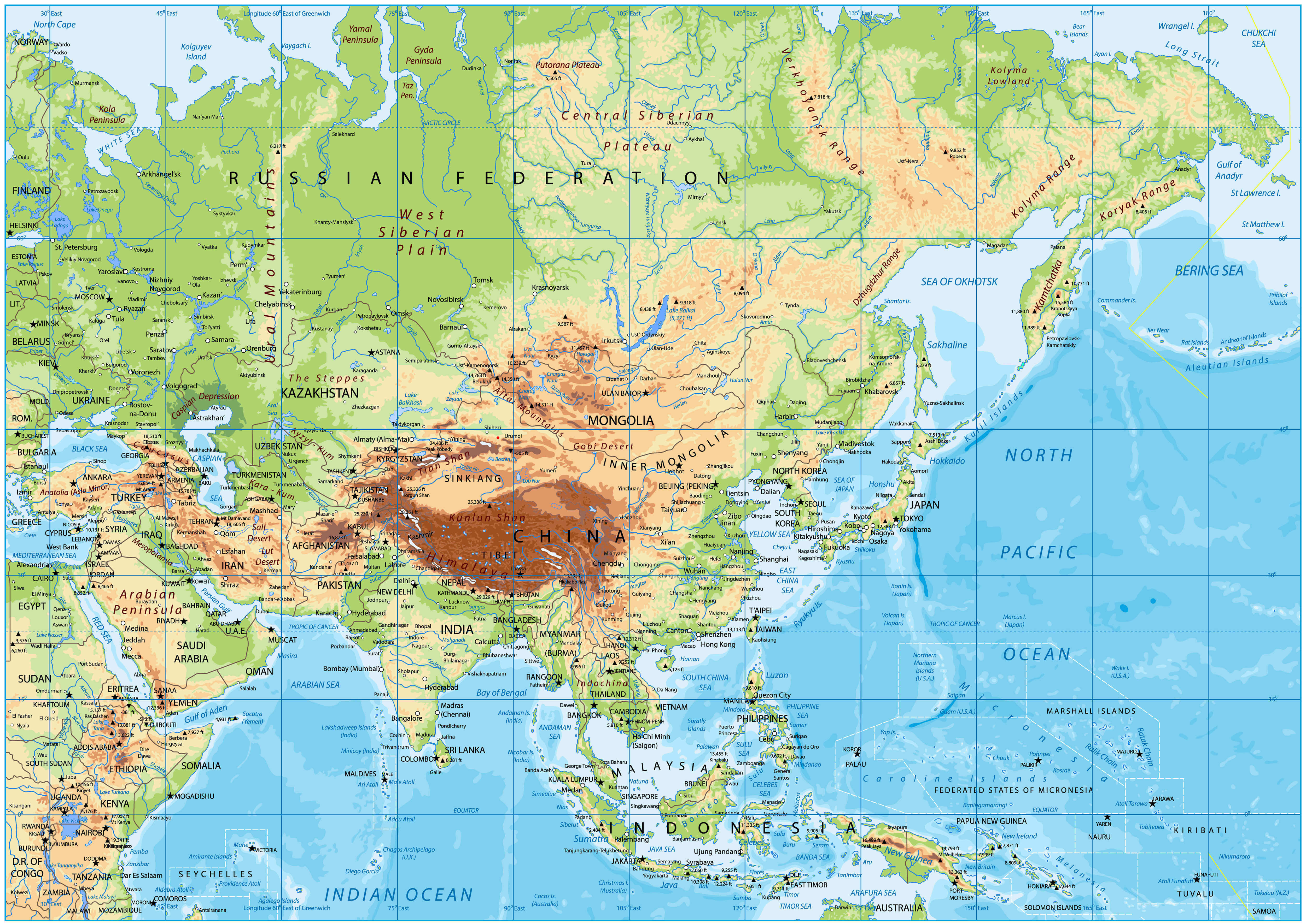 Physical map of Asia