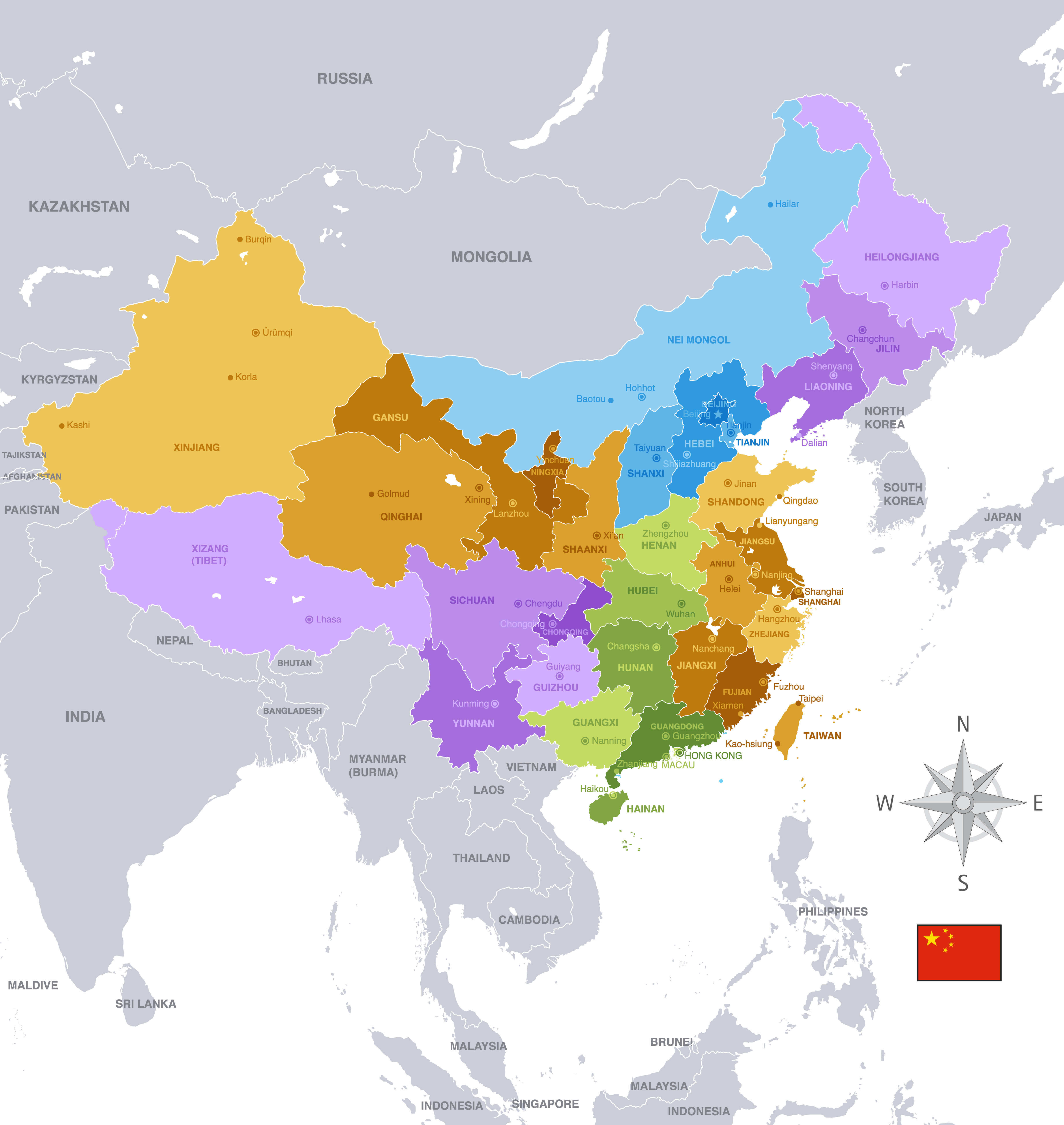 High detailed China map with Asia