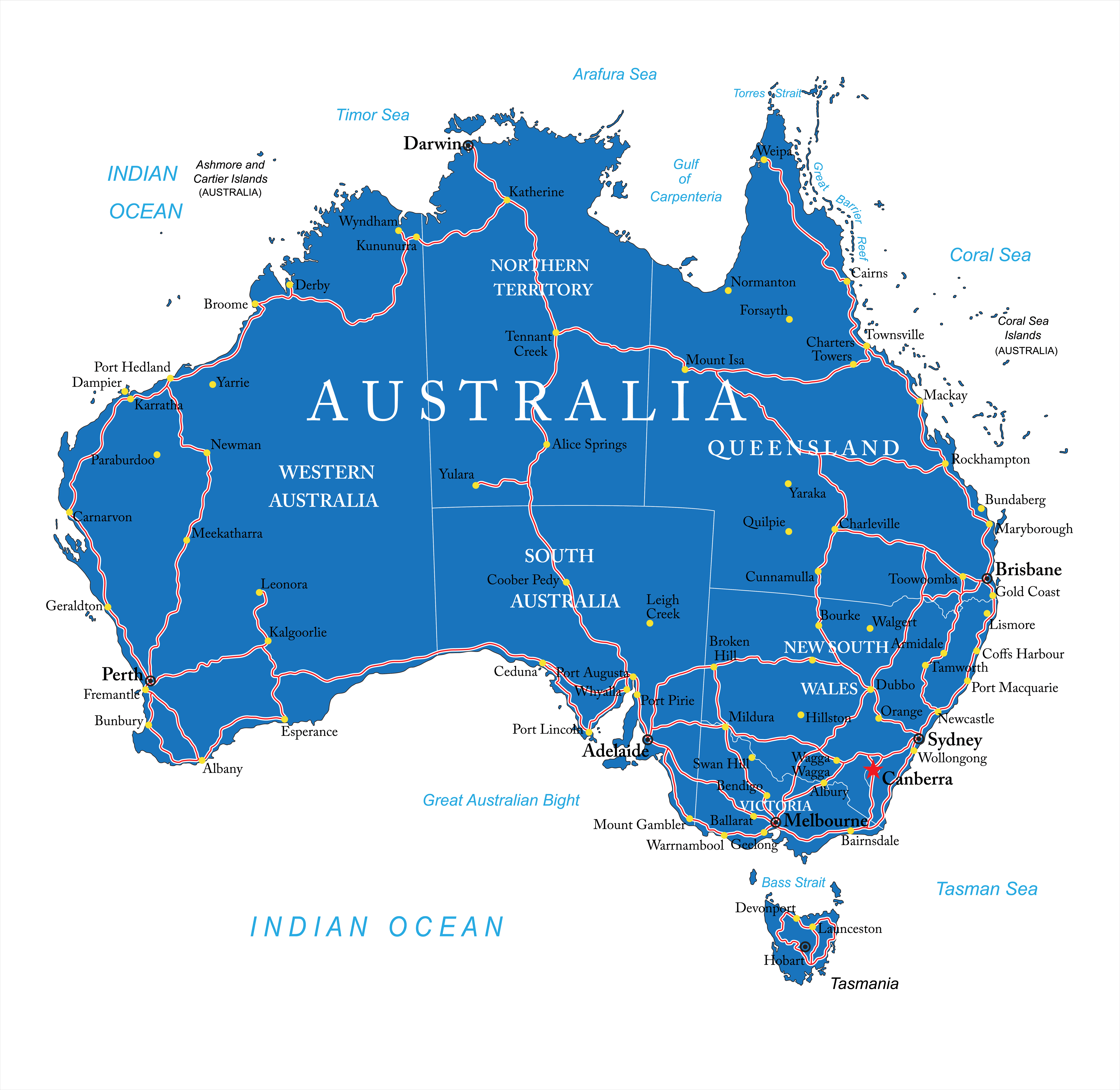 Australia Country Map with Cities