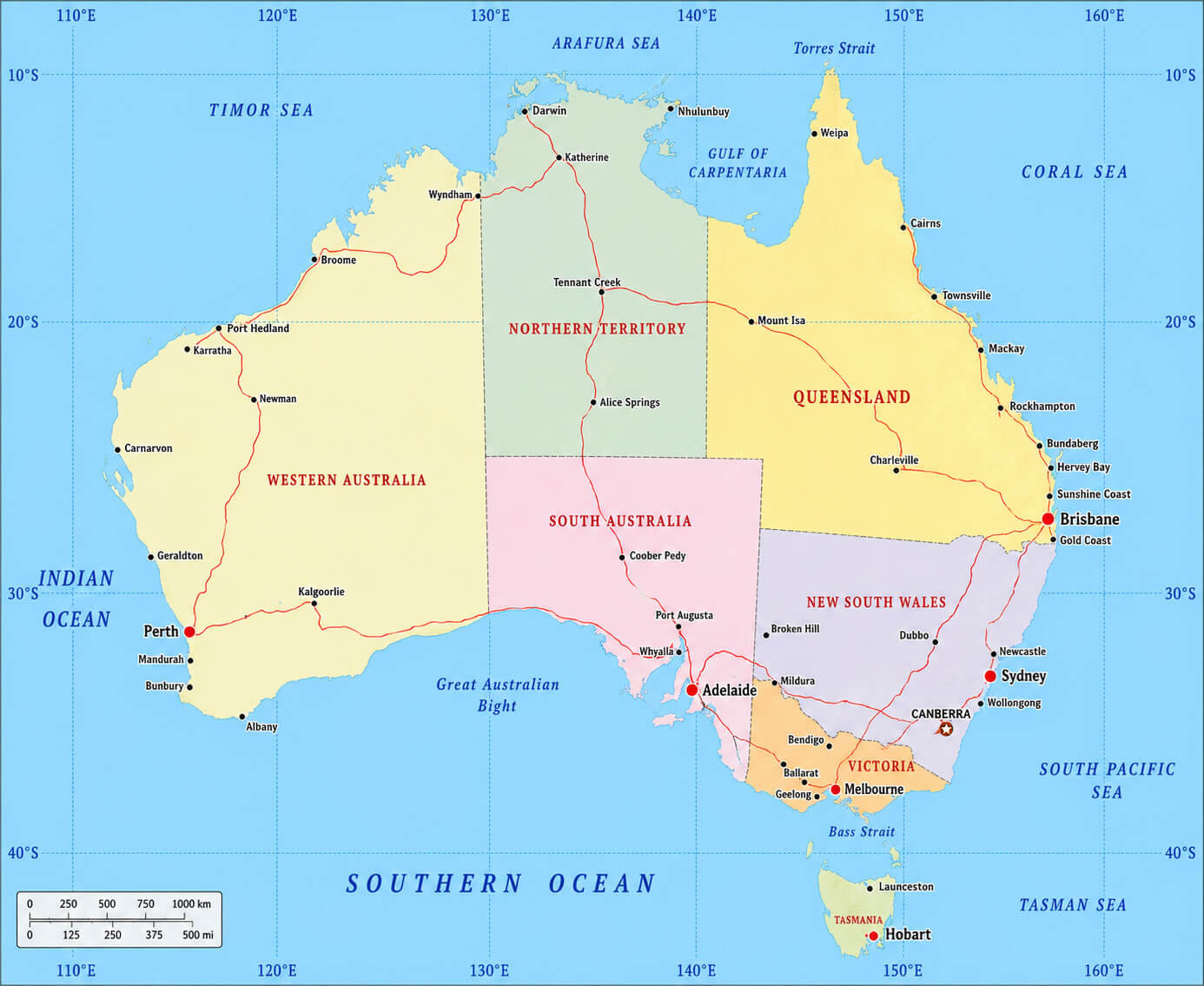 Australia cities and road network map