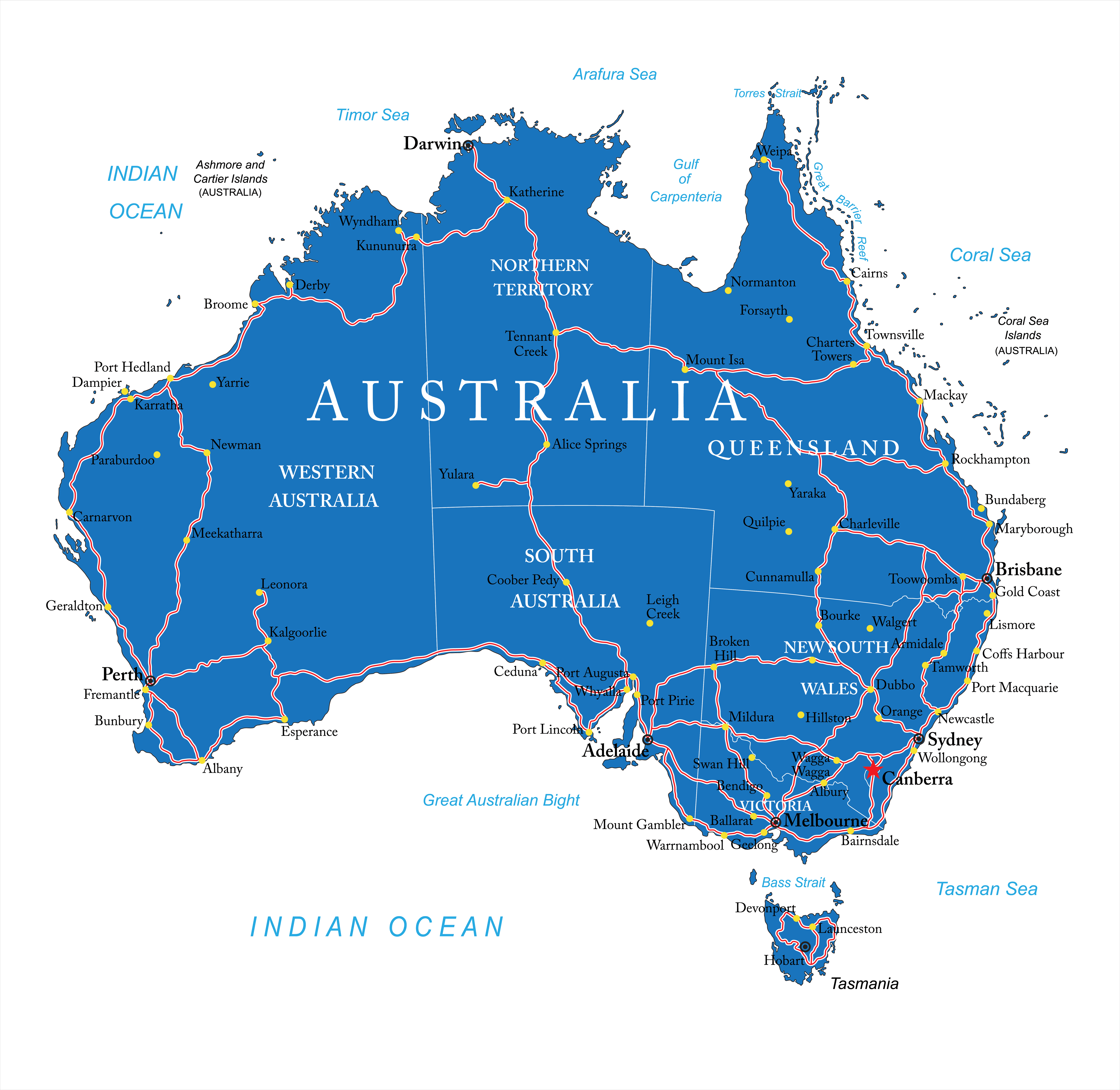 Australia country map with major cities