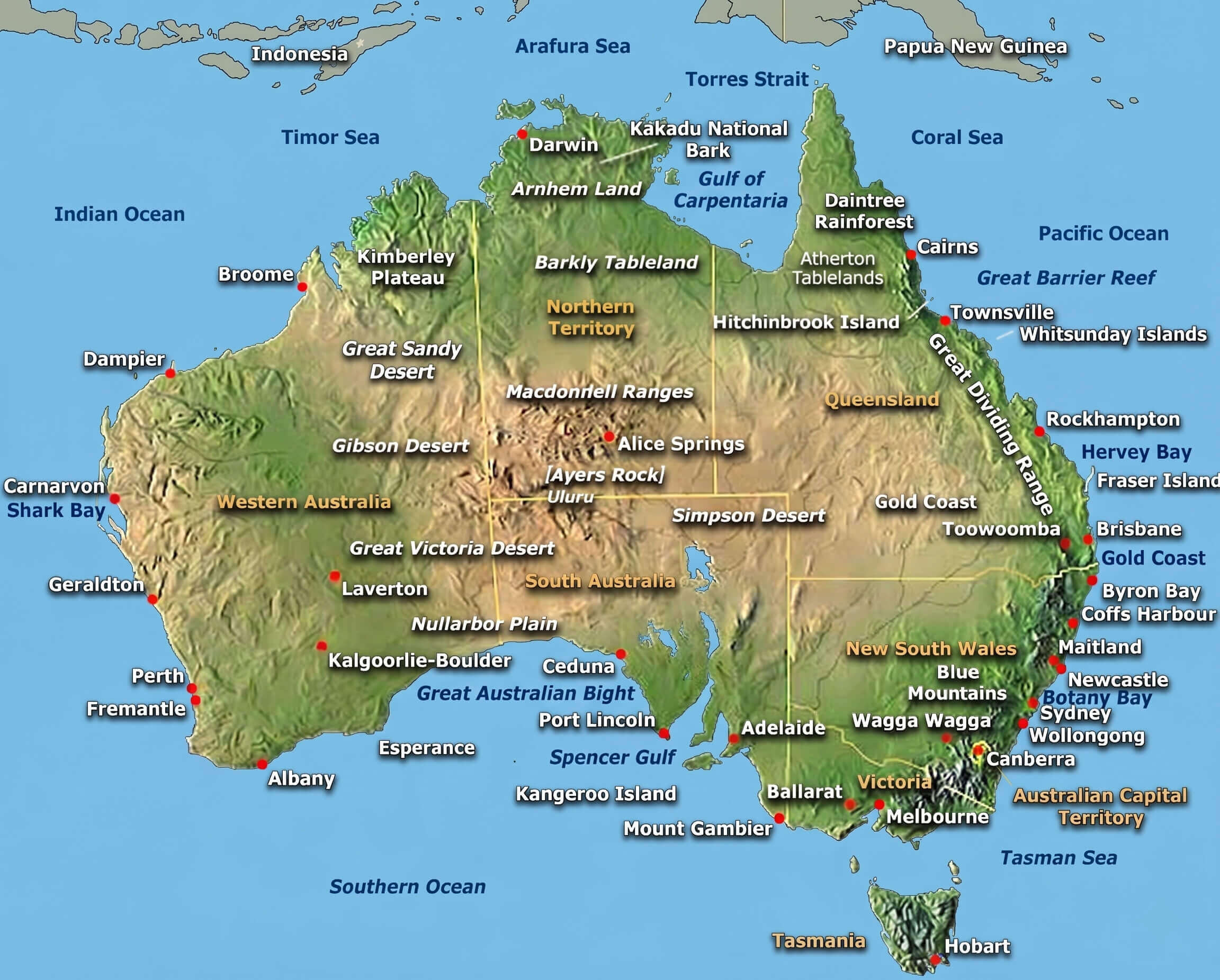 Australia physical relief and terrain map