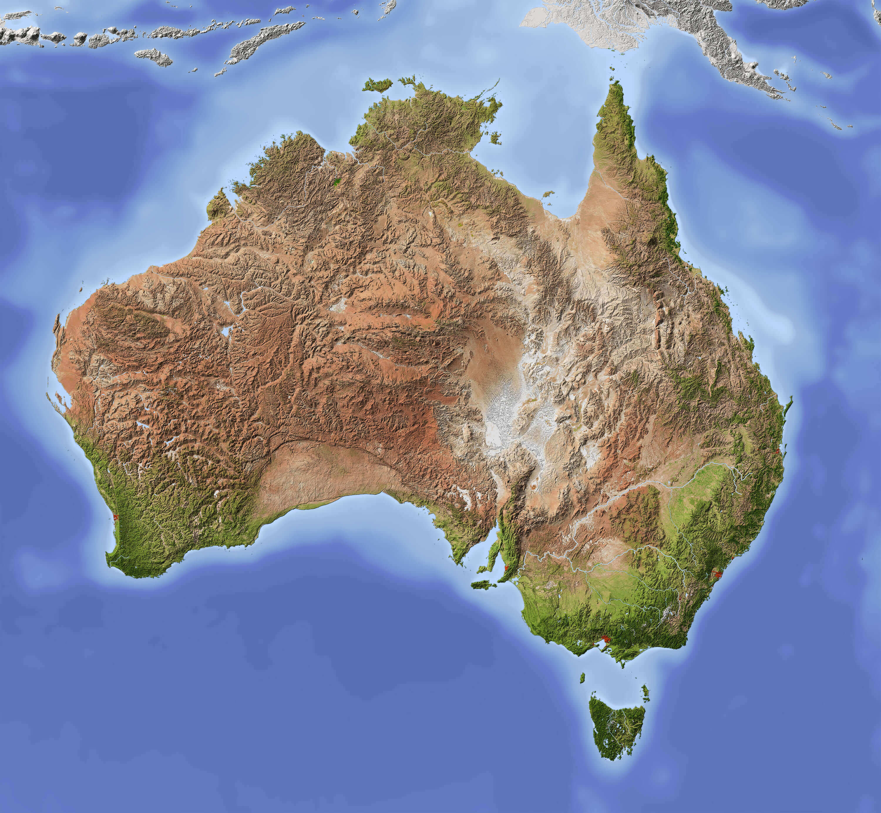 Australia shaded relief map with major cities
