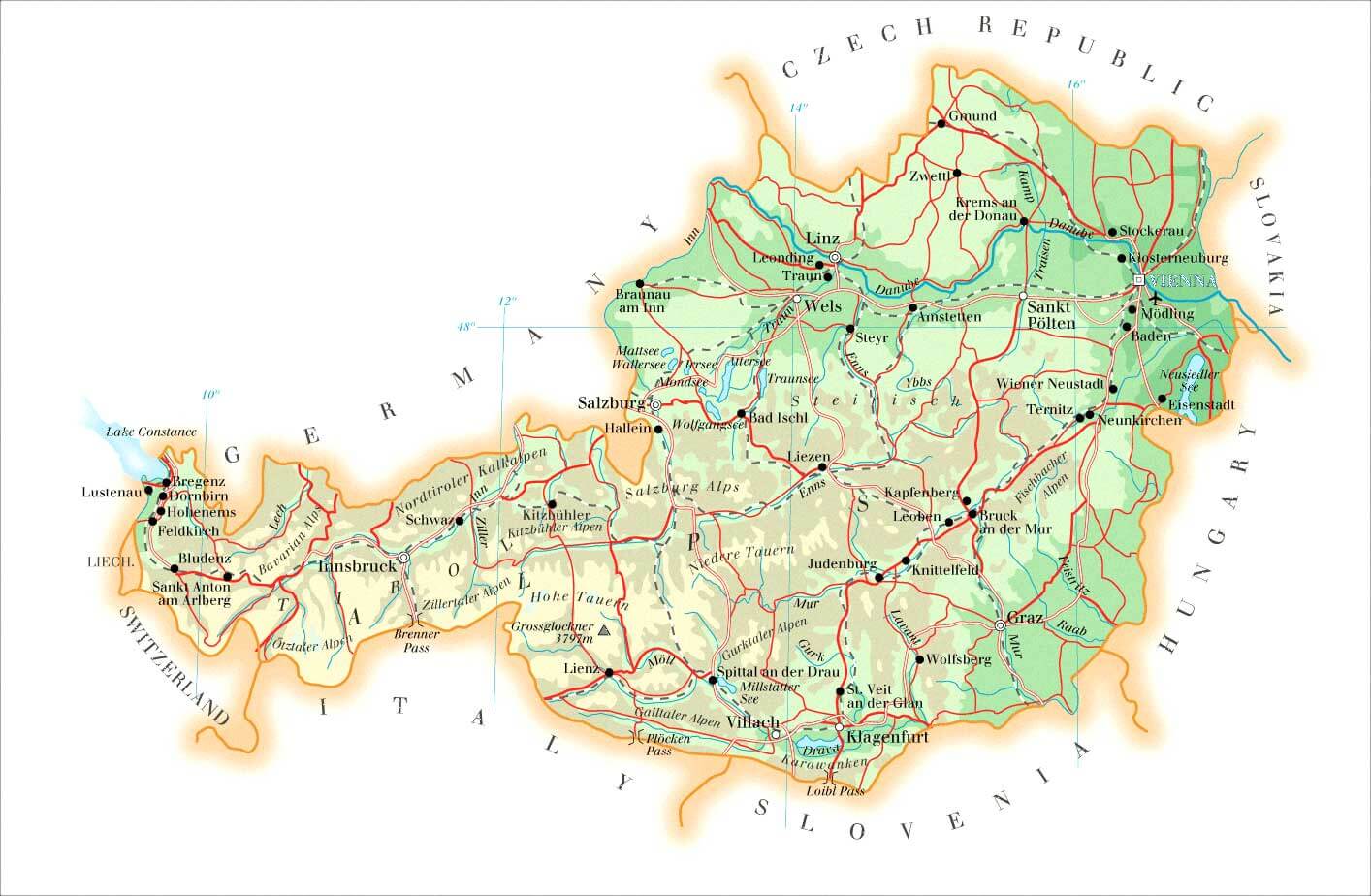 Physical Map of Austria