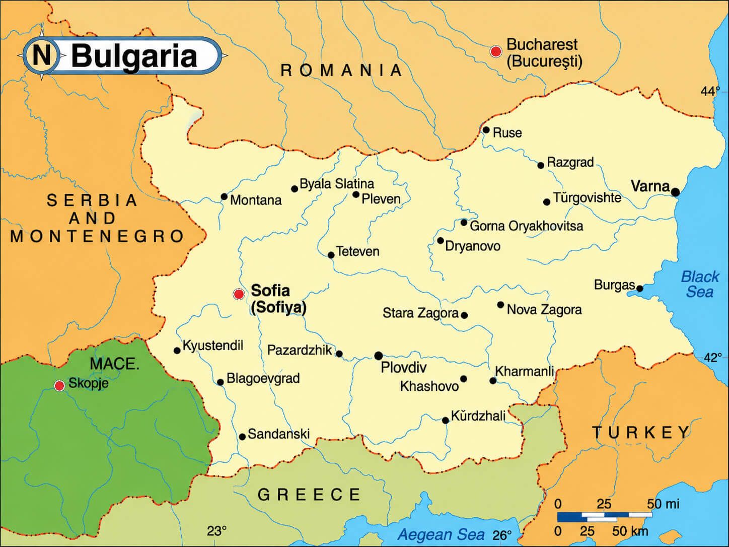 BULGARIA MAJOR CITIES MAP WITH RIVERS