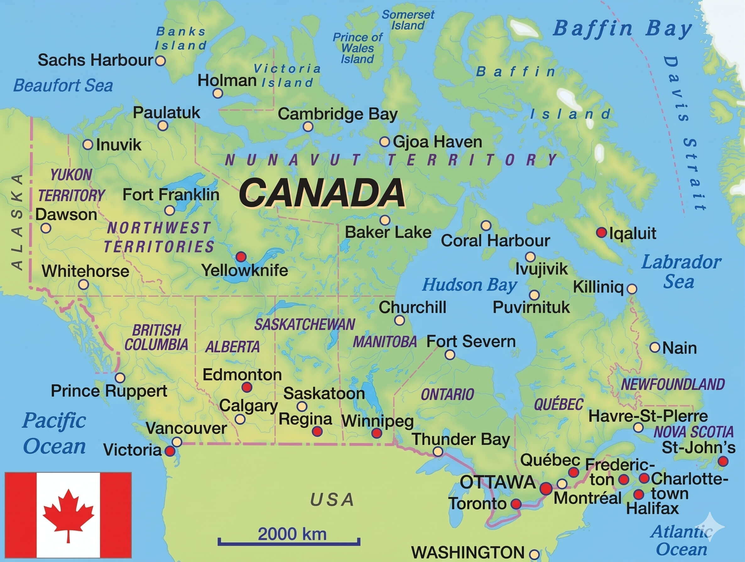 Canada major cities map with flag