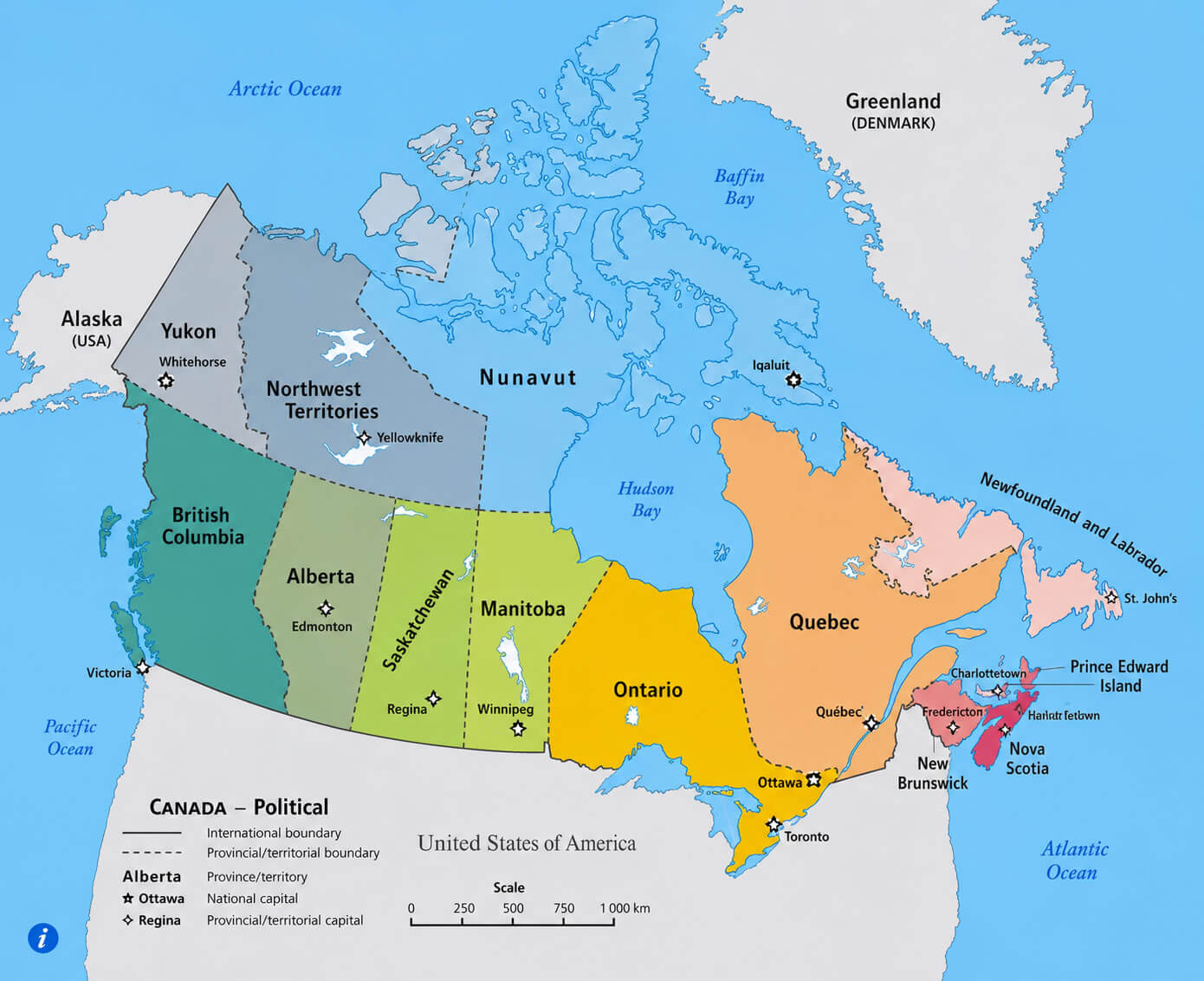 Canada territorial boundaries map