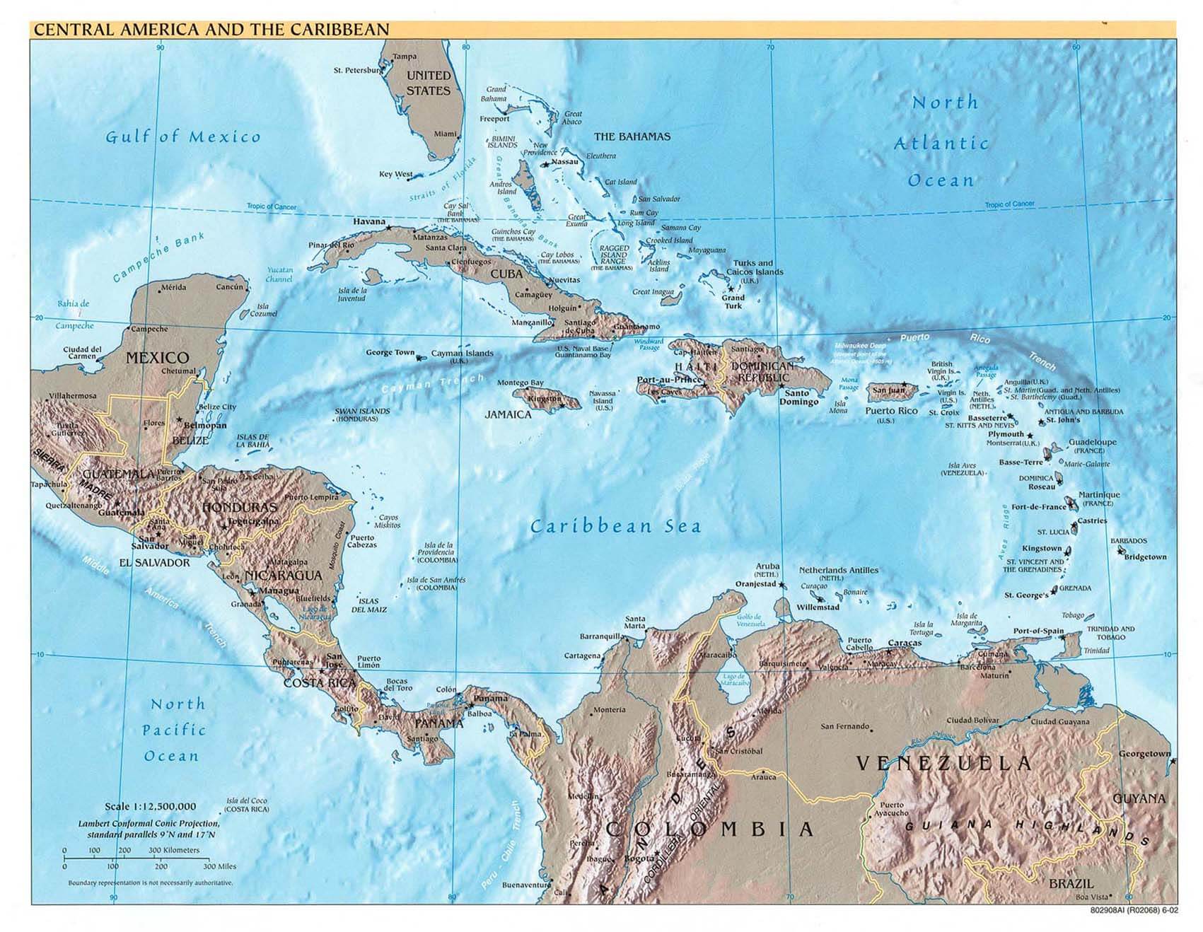 Central America Caribbean Physical Map 2002