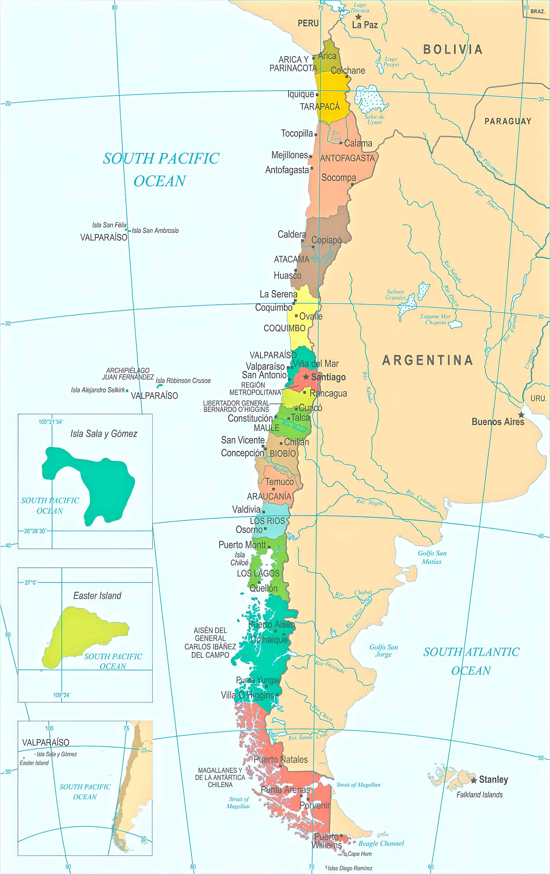 Chile Cities, Counties, Capitals Map