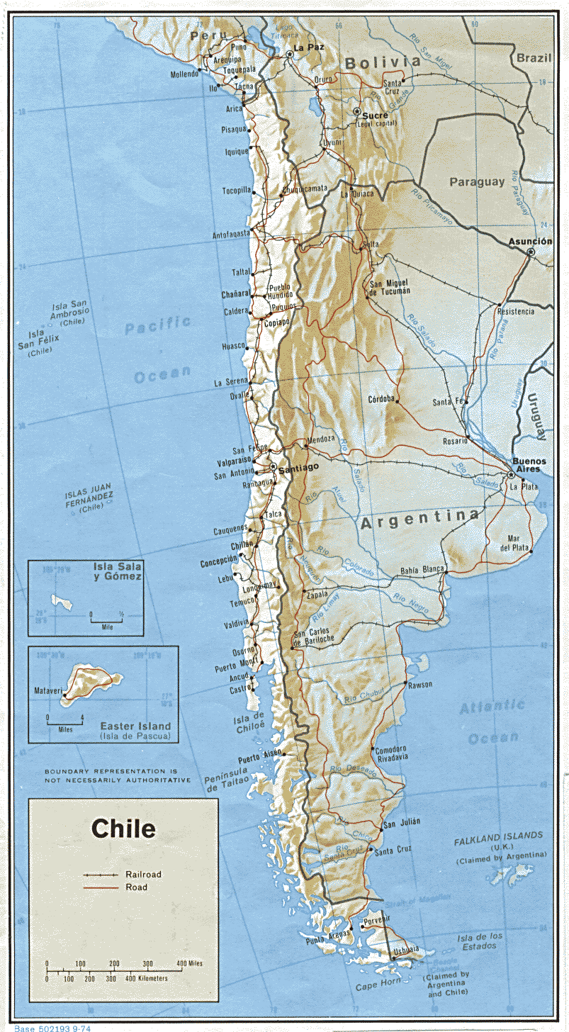 Chile Shaded Relief Map 1974