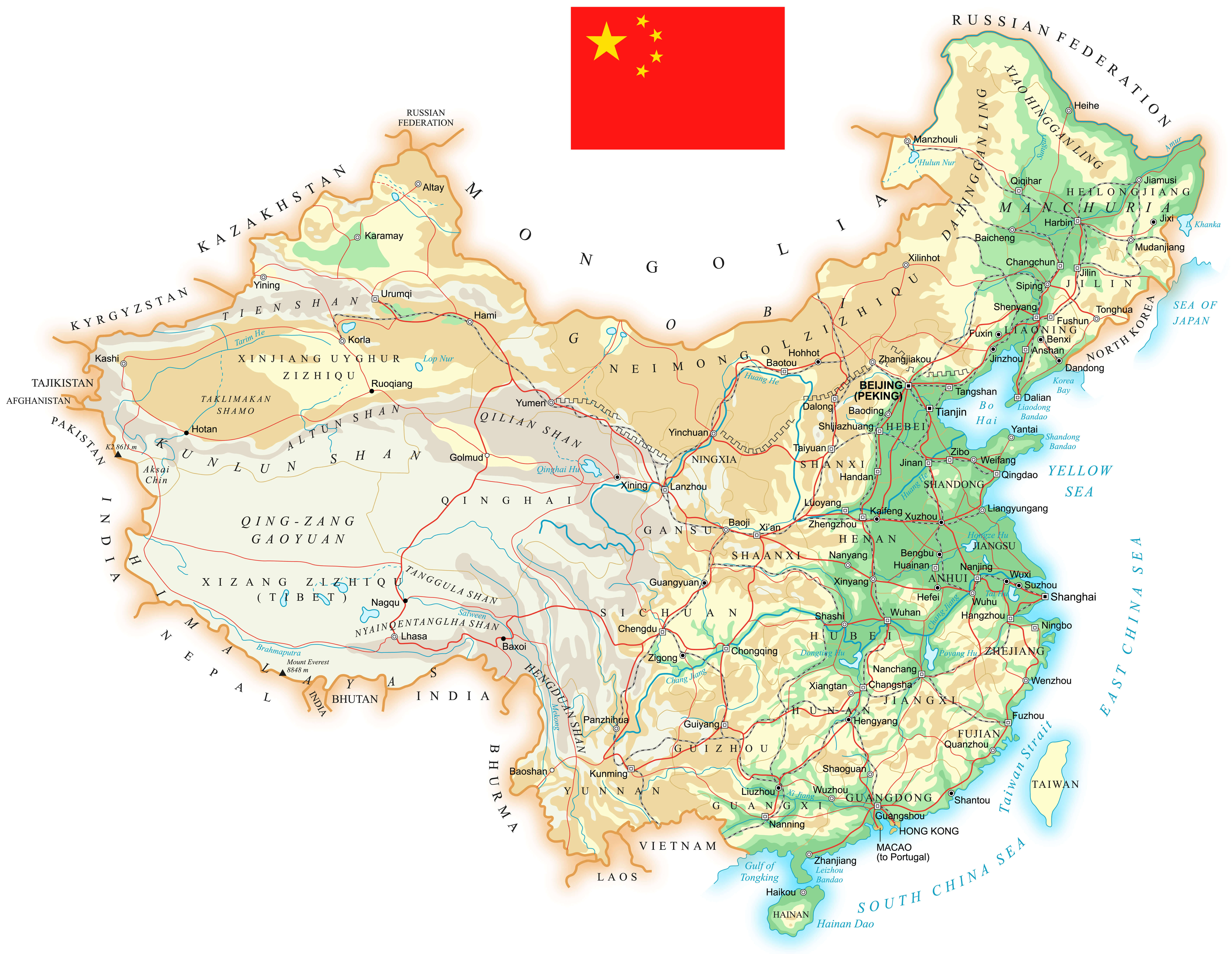 China topographic map with flag
