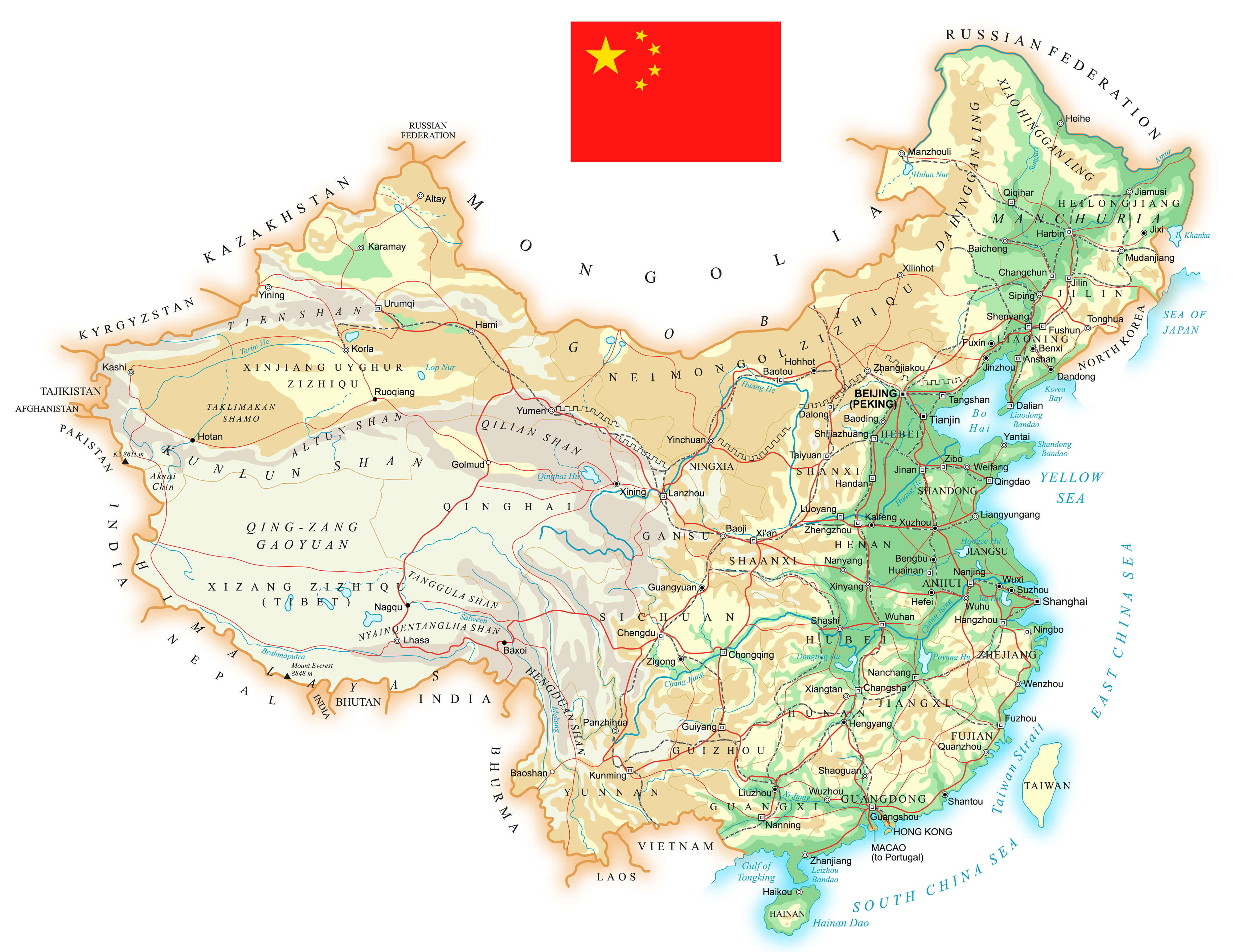 China physical map with flag