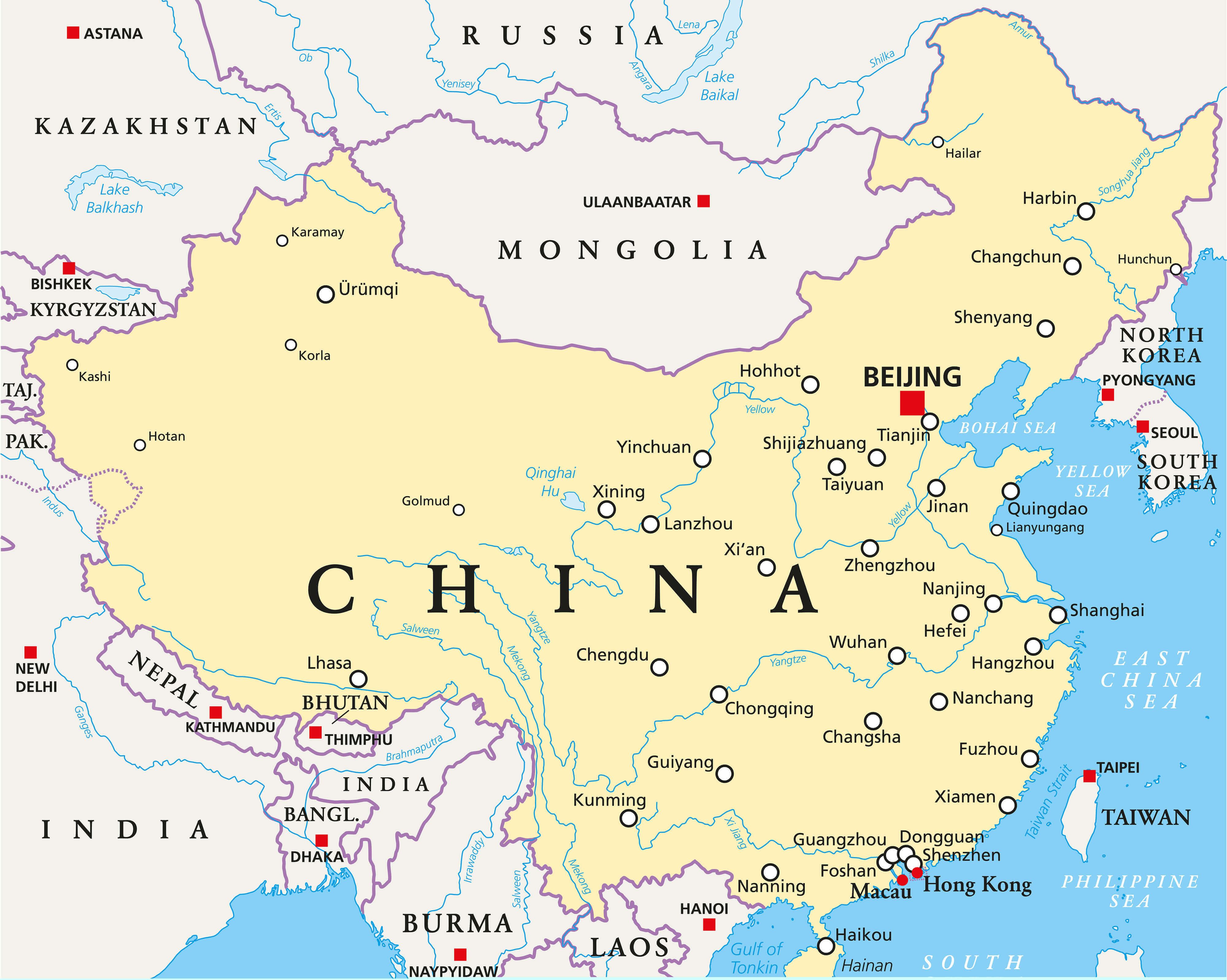 China main cities map with international border